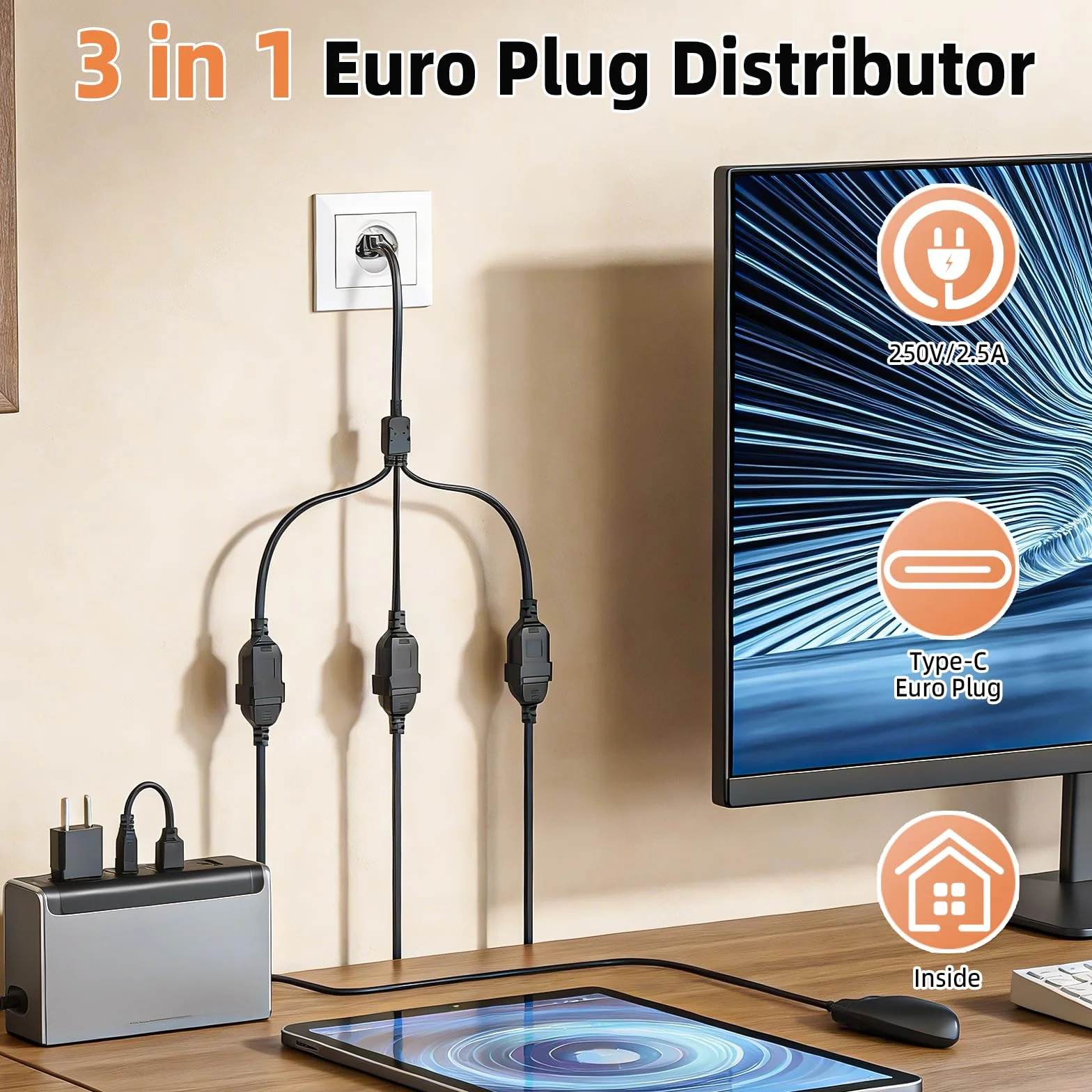 Starvortex Przedłużacz płaski, 3 w 1, wtyczka euro, przedłużacz 2 m, płaska wtyczka 2,5 A/250 V z wtyczką Euro i złączką, bezpieczny i trwały kabel przedłużający, cienki