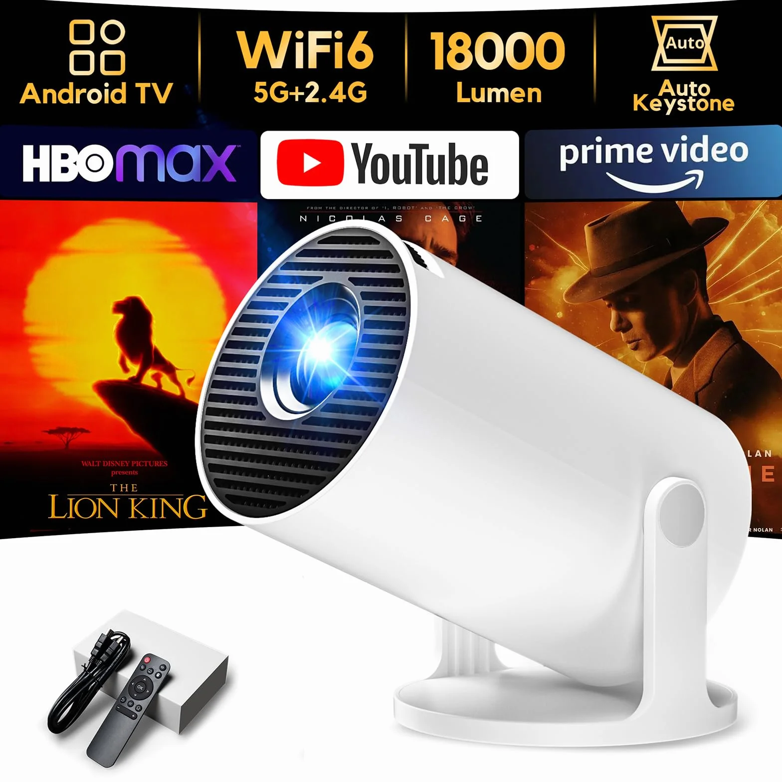 Mini Projektor [Wbudowane Aplikacje] AKIYO O2 projektor o jasności 18 000 luksów z WiFi6 i BT5.4, obsługujący rozdzielczość 1080P, automatyczny keystone, obrót o 180°, kompatybilny z HDMI/USB/Laptopem