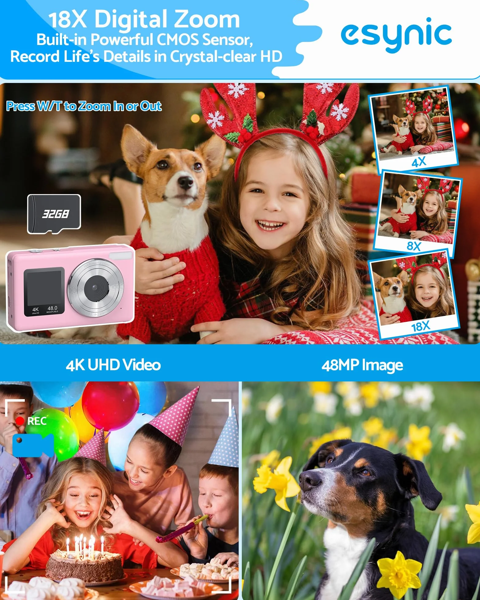eSynic Kompaktowy aparat cyfrowy 4K 48 MP 18-krotny zoom autofokus karta SD 32 GB ekran do selfie