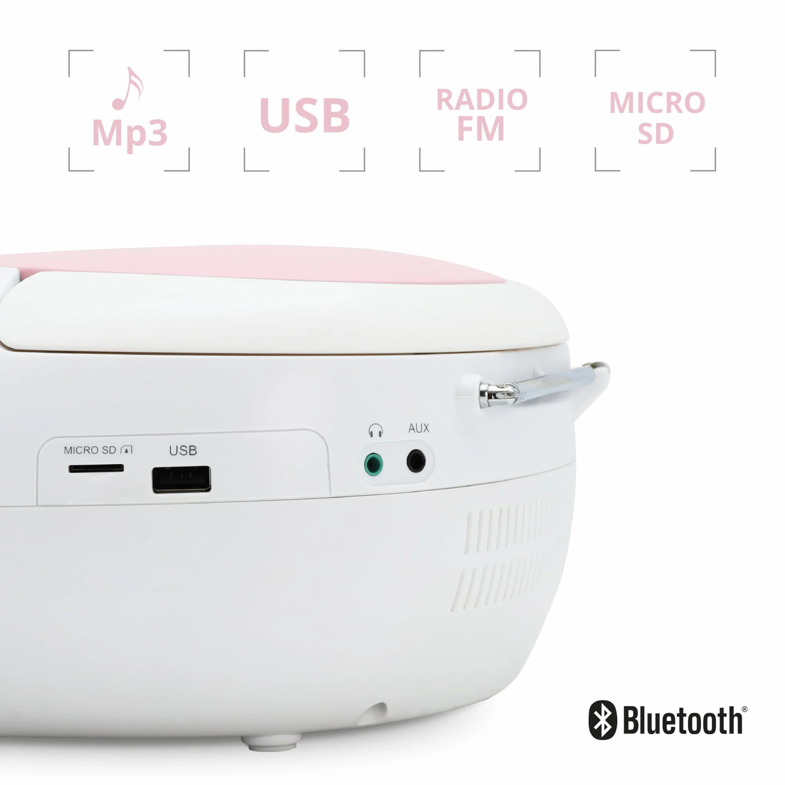Metronic Przenośny odtwarzacz CD Radio Bluetooth Eden, MP3 z portem USB, odtwarzacz kart micro SD, radio CD - różowy - 477185