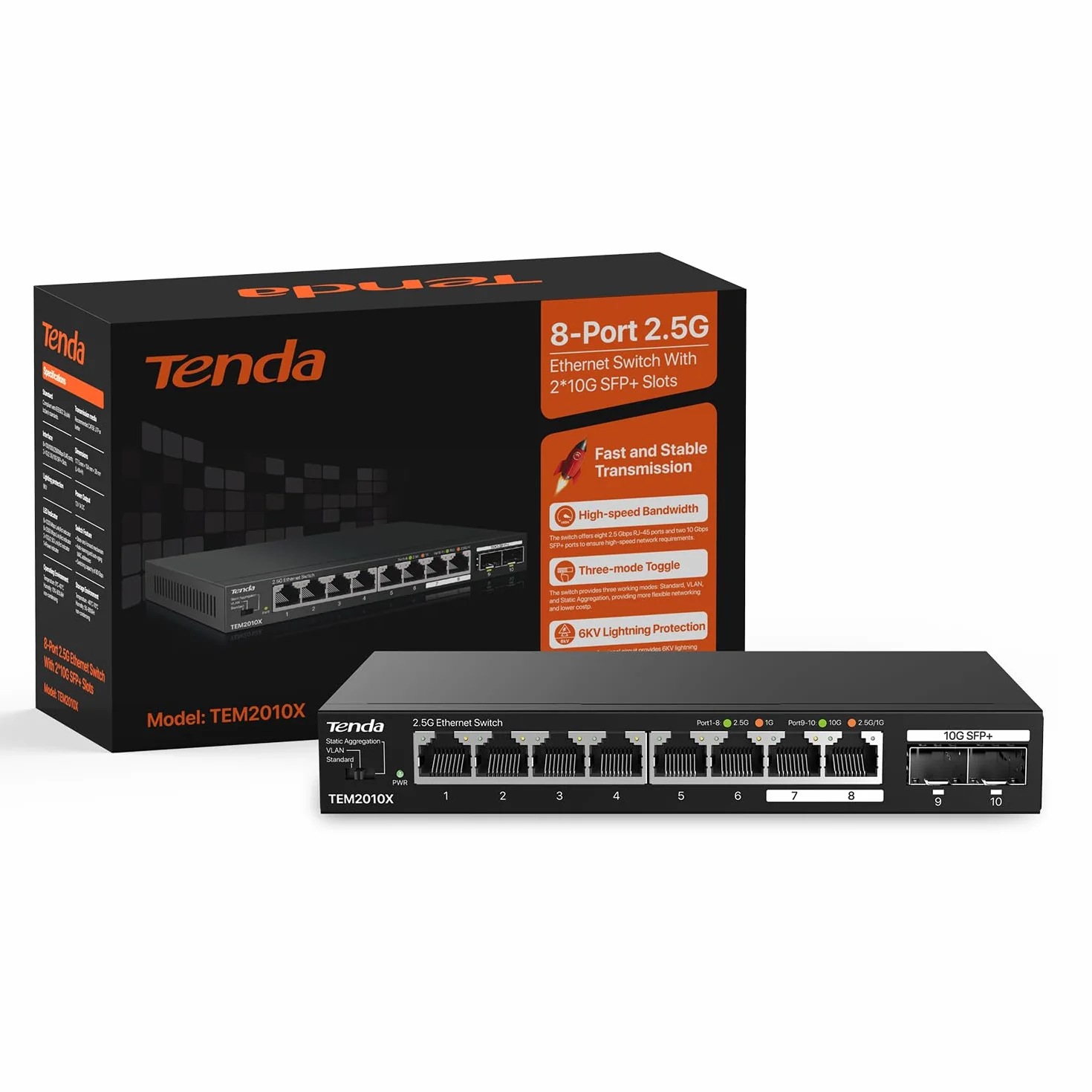 Tenda Przełącznik 2,5 Gb z 8 portami 2,5 G i 2 portami SFP+ 10G (VLAN, agregacja statyczna, brak zarządzania, Plug and Play, metalowa obudowa) (TEM2010X)