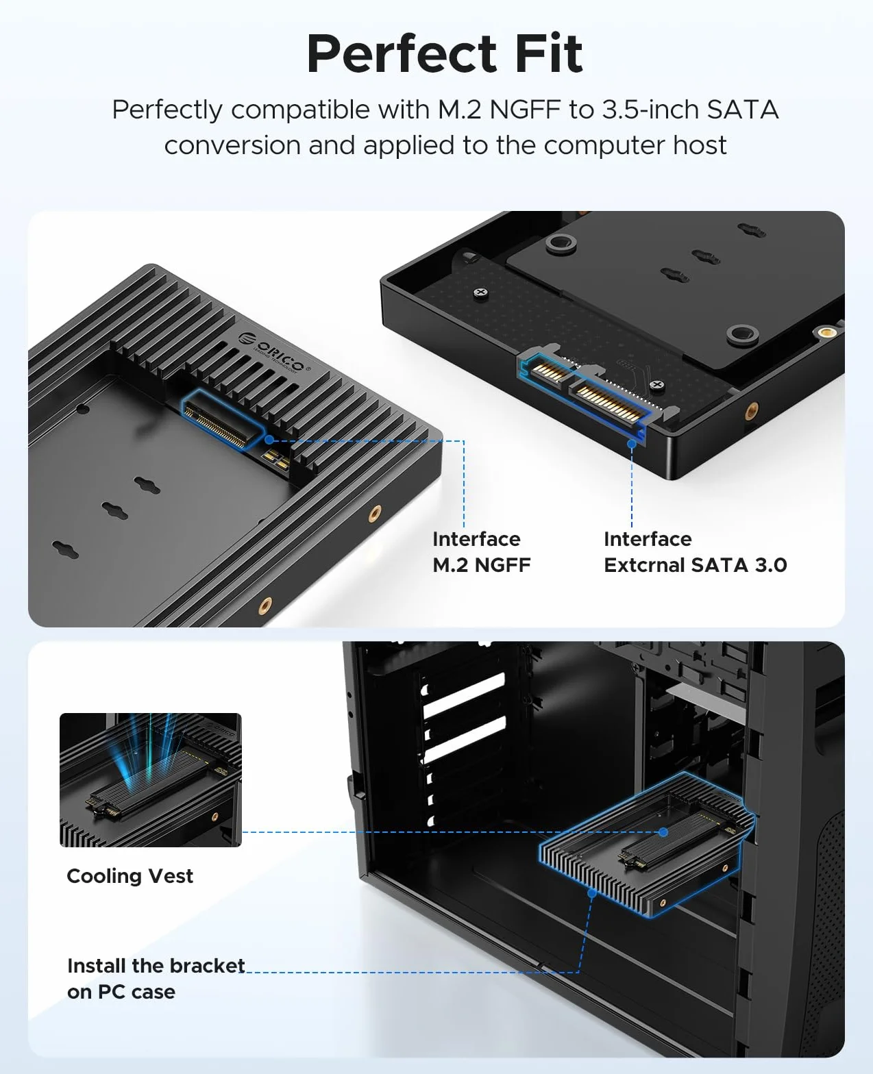 ORICO M.2 NGFF na 3,5 cala SATA adapter dysków twardych, ramka montażowa konwertera ramka wymienna do M.2 SATA SSD B+M Key in 2230/ 2242/ 2260/ 2280 (D2NS)