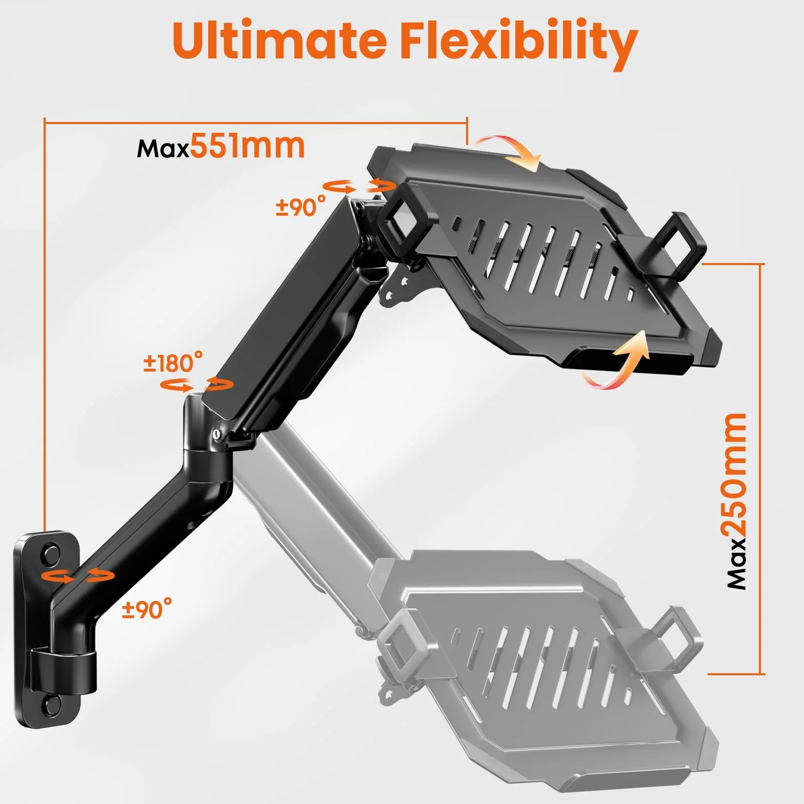 Uchwyt do monitora z ramieniem na laptopa, uchwyt ścienny wychylny do notebooka 12"-17", wentylowana platforma chłodząca, zarządzanie kablami, obciążenie 1-9 kg, VESA 75/100 mm