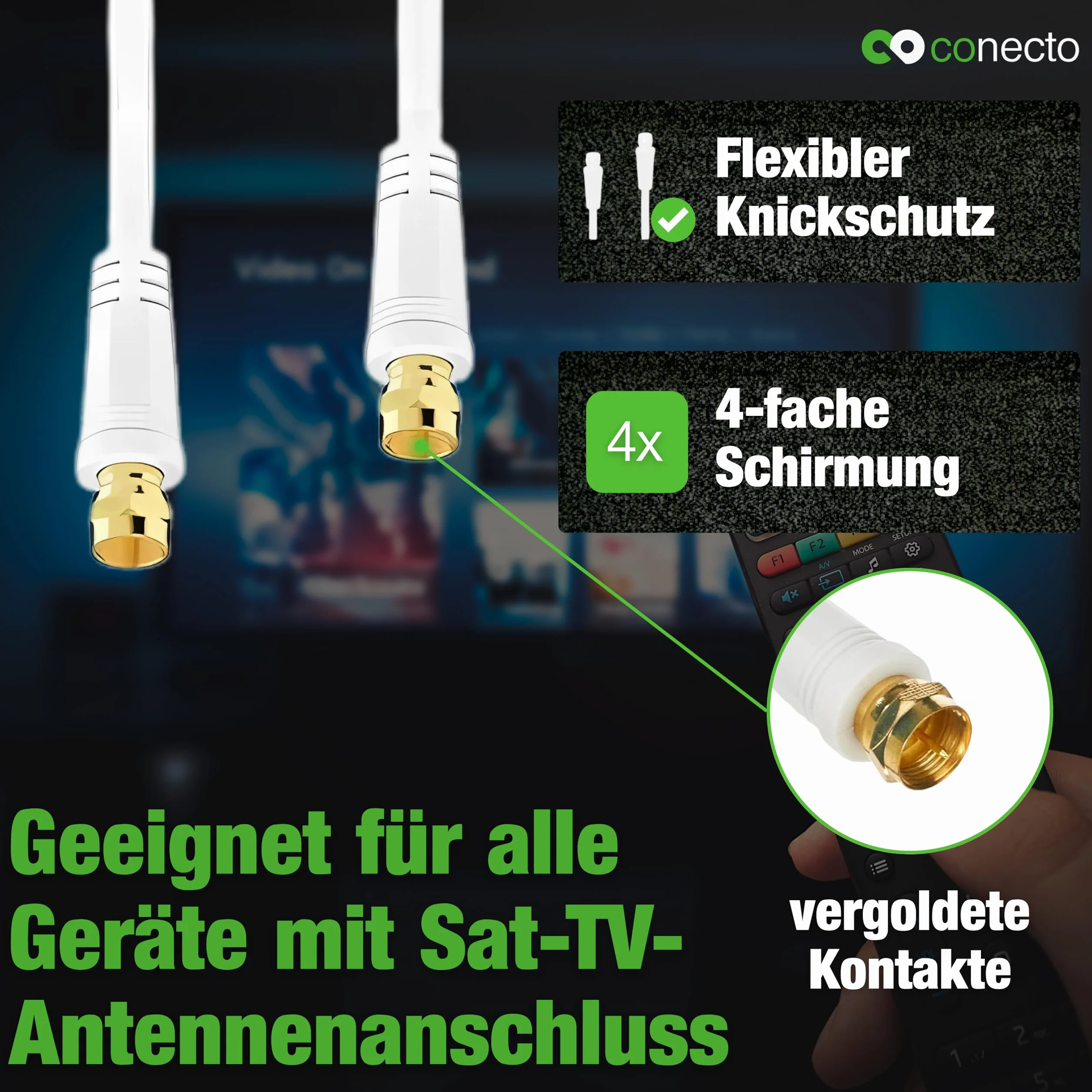 conecto Kabel antenowy SAT, kabel koncentryczny, kabel satelitarny TV 10 m, 4-krotnie ekranowany, wtyczka F, do HDTV, odbiornika, satelity, DAB, radia, biały