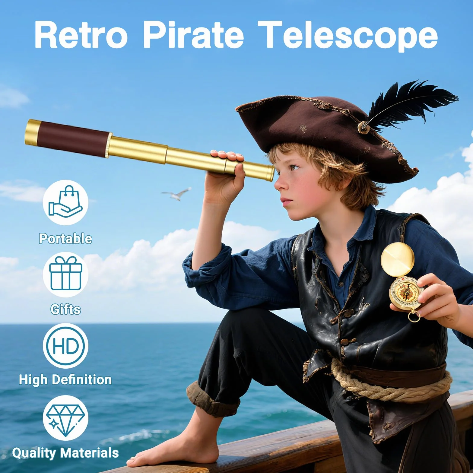 Retro Teleskop Piracki Zoomable 25x30 Przenośna Składany Monokularowy Ręczny Luneta Vintage Monokular Dla Dzieci I Sprzętu Survivalowego Kieszon Kompas Wojskowy Do Biwakowania Na Łodzi