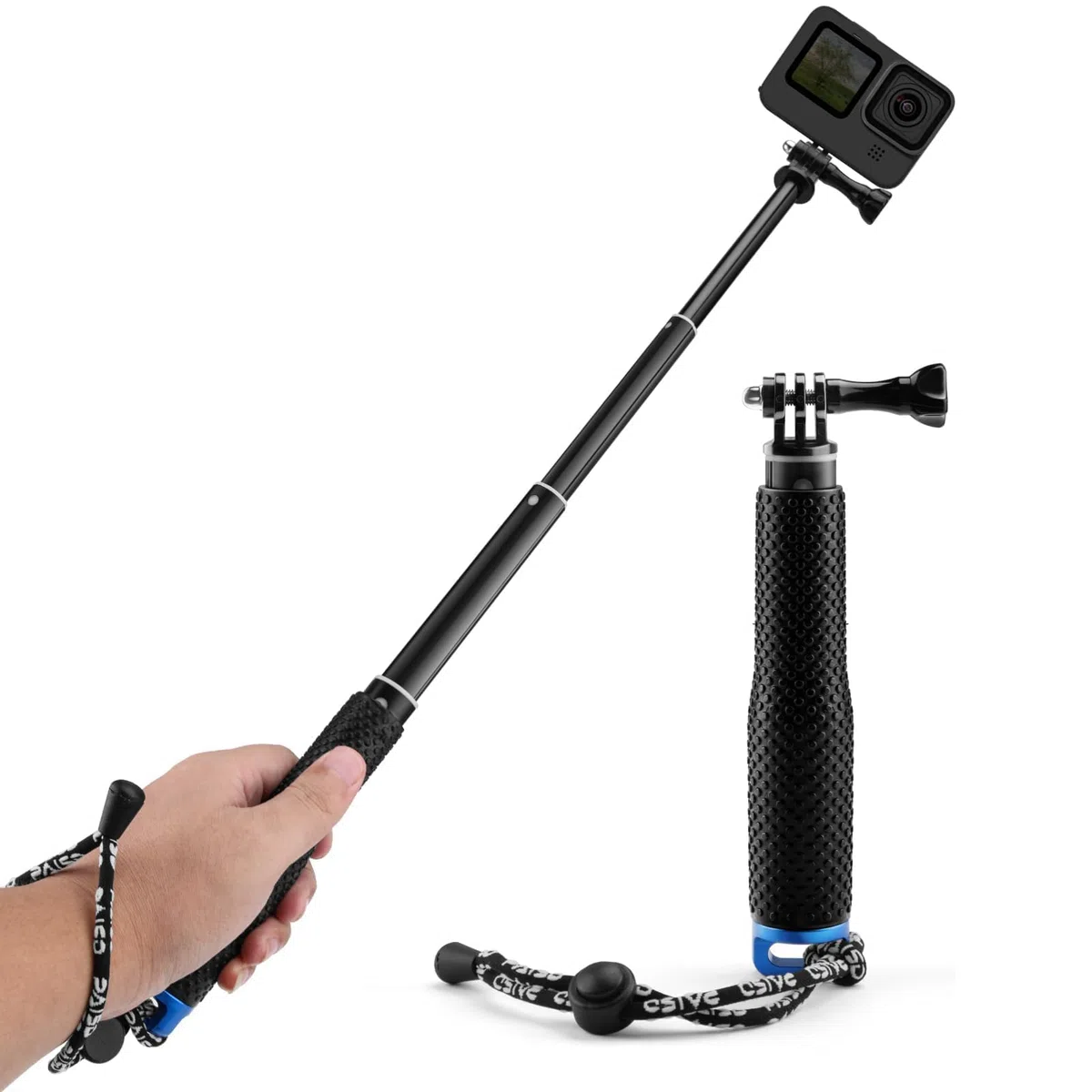 GlasFlength Kijek do selfie dla GoPro Hero 12 11 10 9 8 czarny, teleskopowy kijek do selfie dla Insta360/X3/One DJI Mini 3 Pro i innych kamer sportowych (stop aluminium)