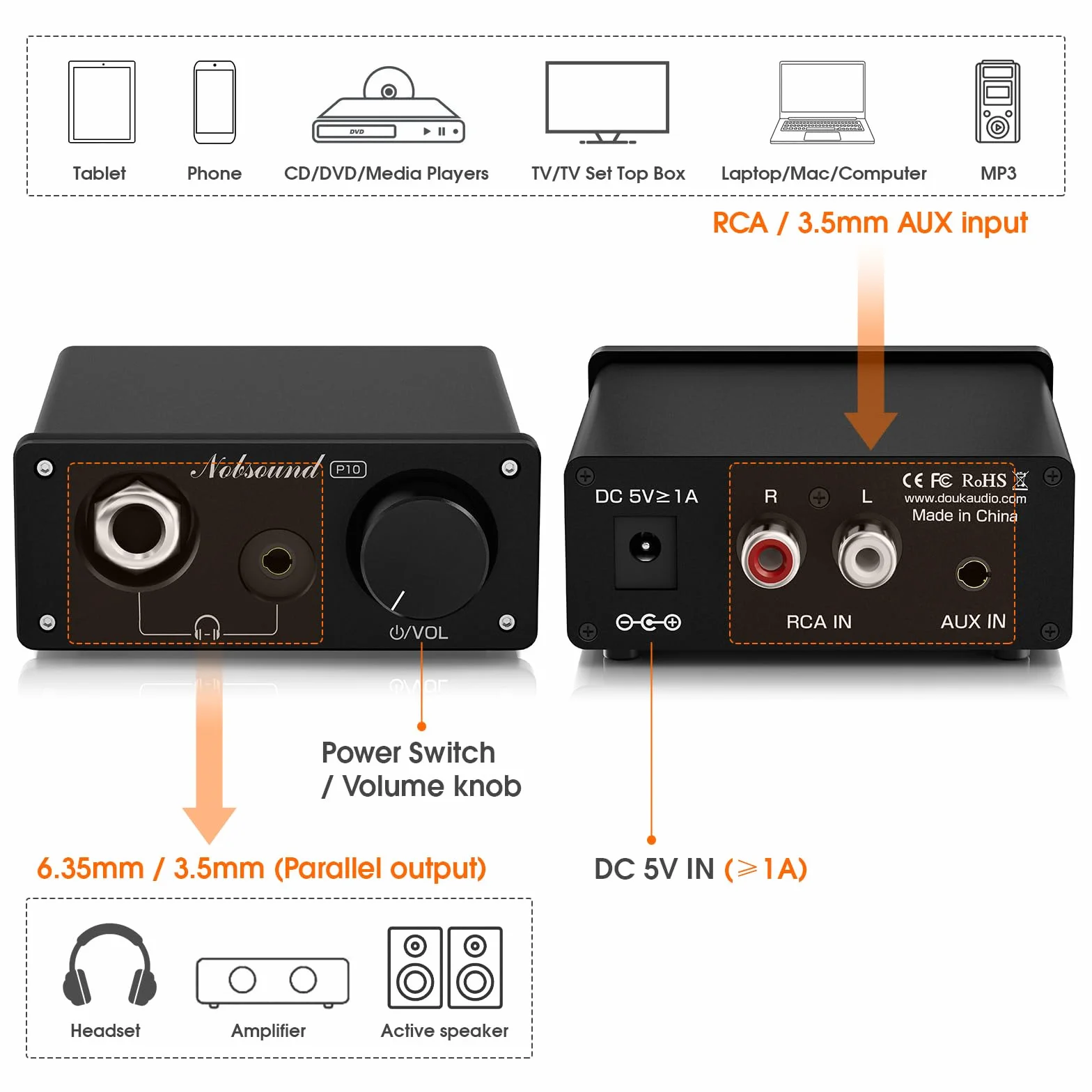 Nobsound P10 Mini wzmacniacz słuchawek HiFi Audio Stereo 24-600Ω