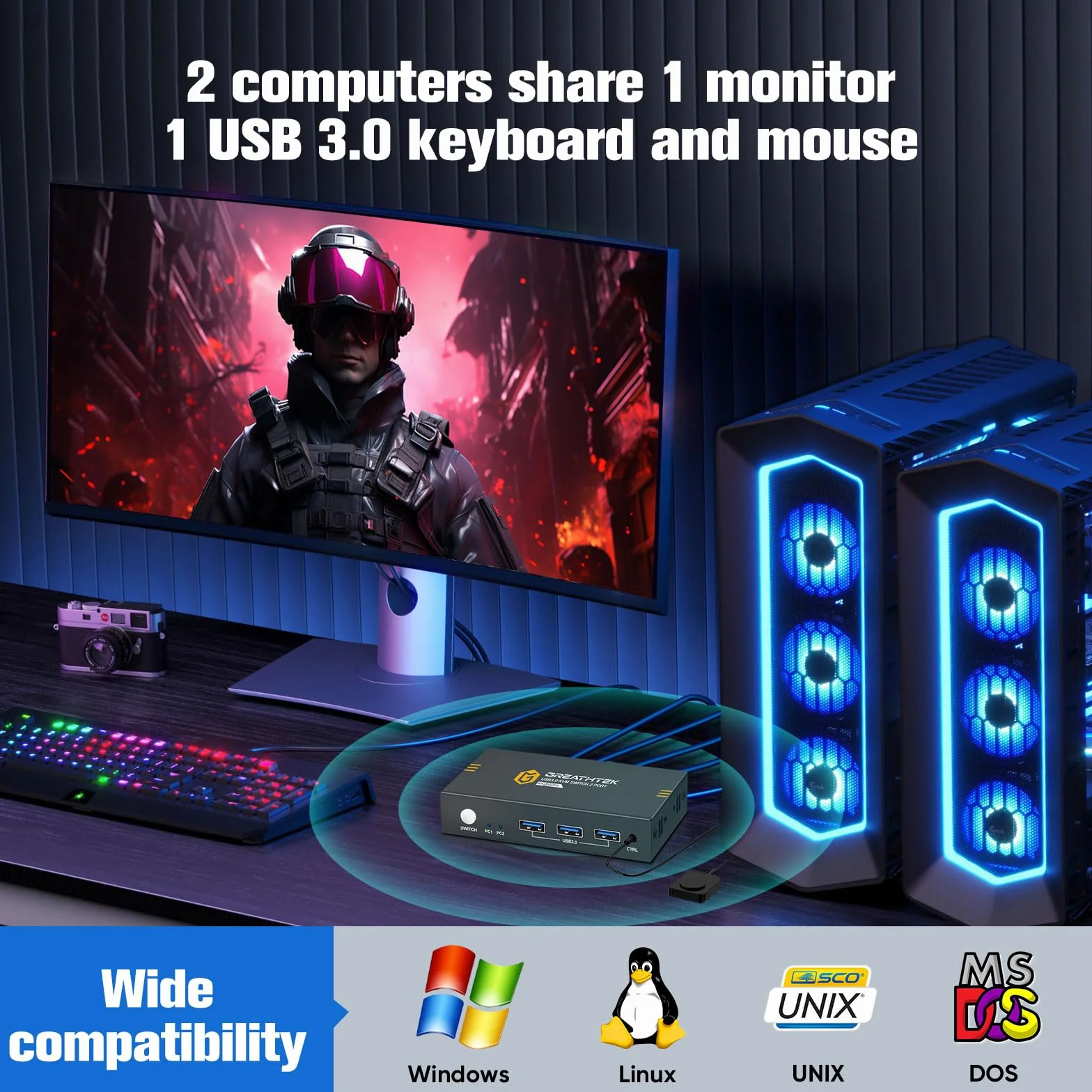 Przełącznik usb 3.0 KVM HDMI 2 porty 4K 60 Hz, przełączniki KVM do 2 monitorów PC, 1 z 3 portami USB 3.0, HDMI2.0, HDCP2.2, obsługa funkcji EDID, w zestawie 2 kable