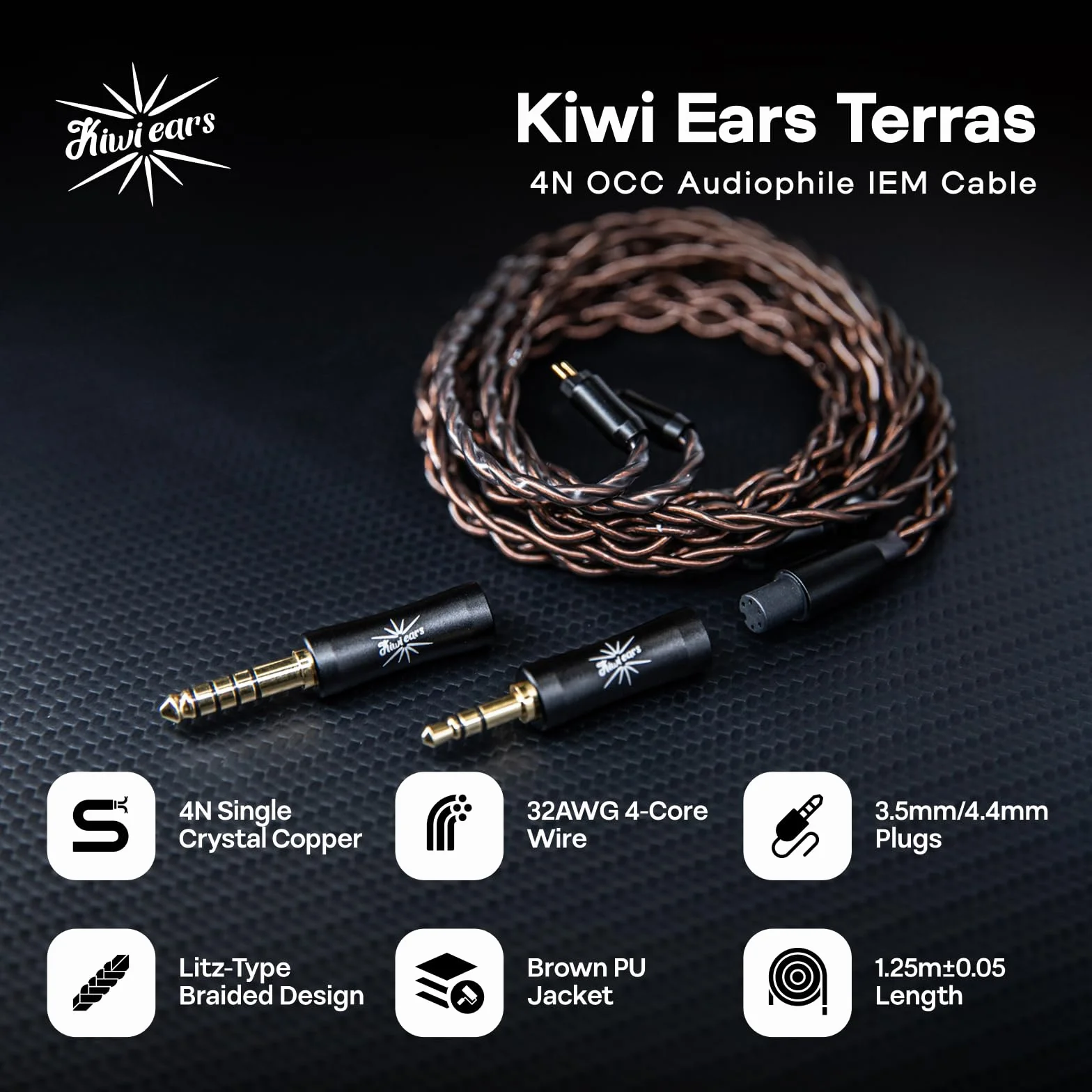 Linsoul Kiwi Ears Terras IEM Cable, 4N Single Crystal Copper 32AWG 4-żyłowy przewód do monitorów dousznych, 1,25 m długości HiFi Updated Wire z wtyczką do Orchestra Lite Aether Mangird Tea Pro