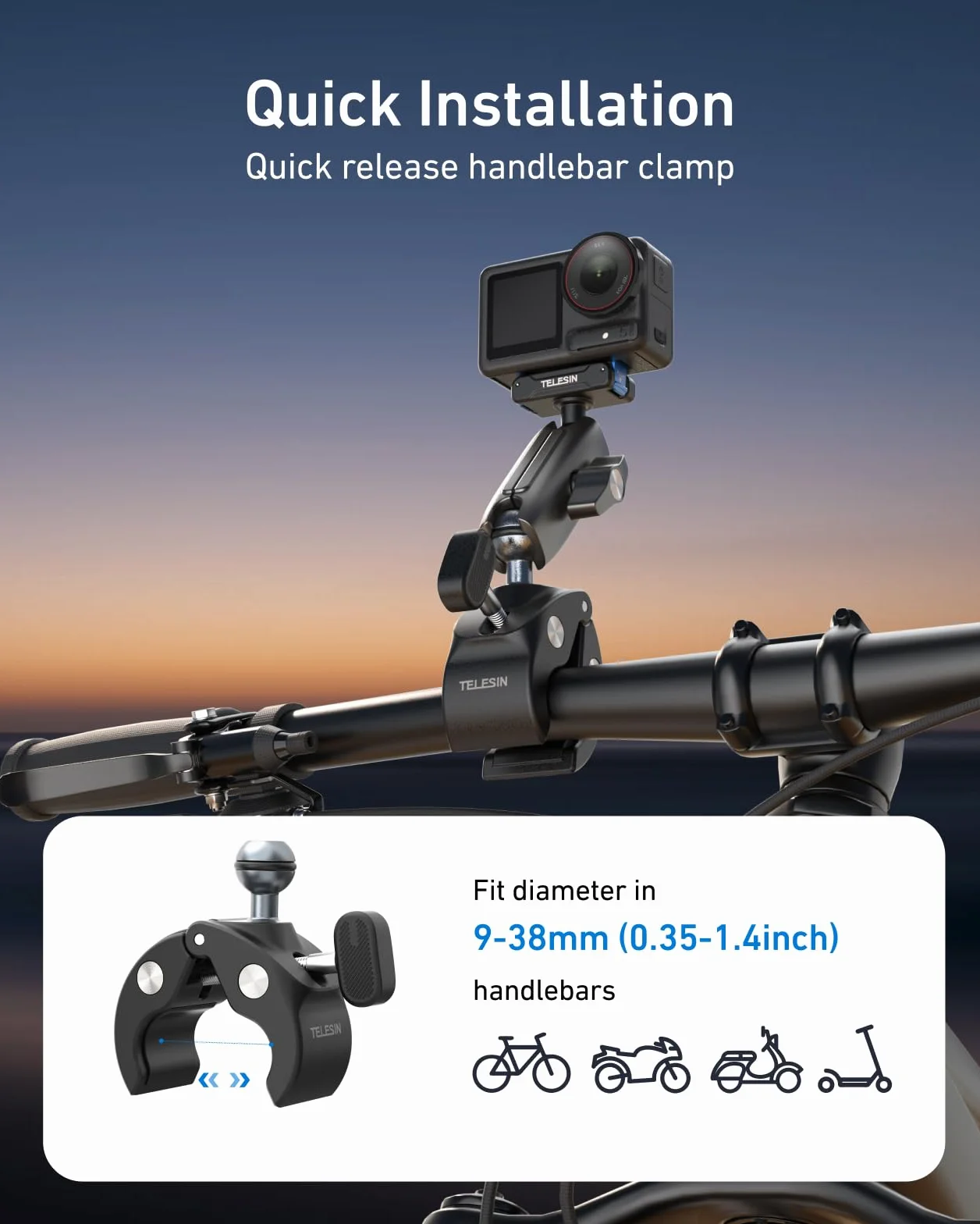 TELESIN Super uchwyt zaciskowy, uchwyt rowerowy do DJI Osmo 360/Action 6 5 Pro/Action 4/Action 3/Pocket 3, klipsy magnetyczne z podwójnym zamkiem | głowica kulowa obracana o 360°, pasuje do kierownicy