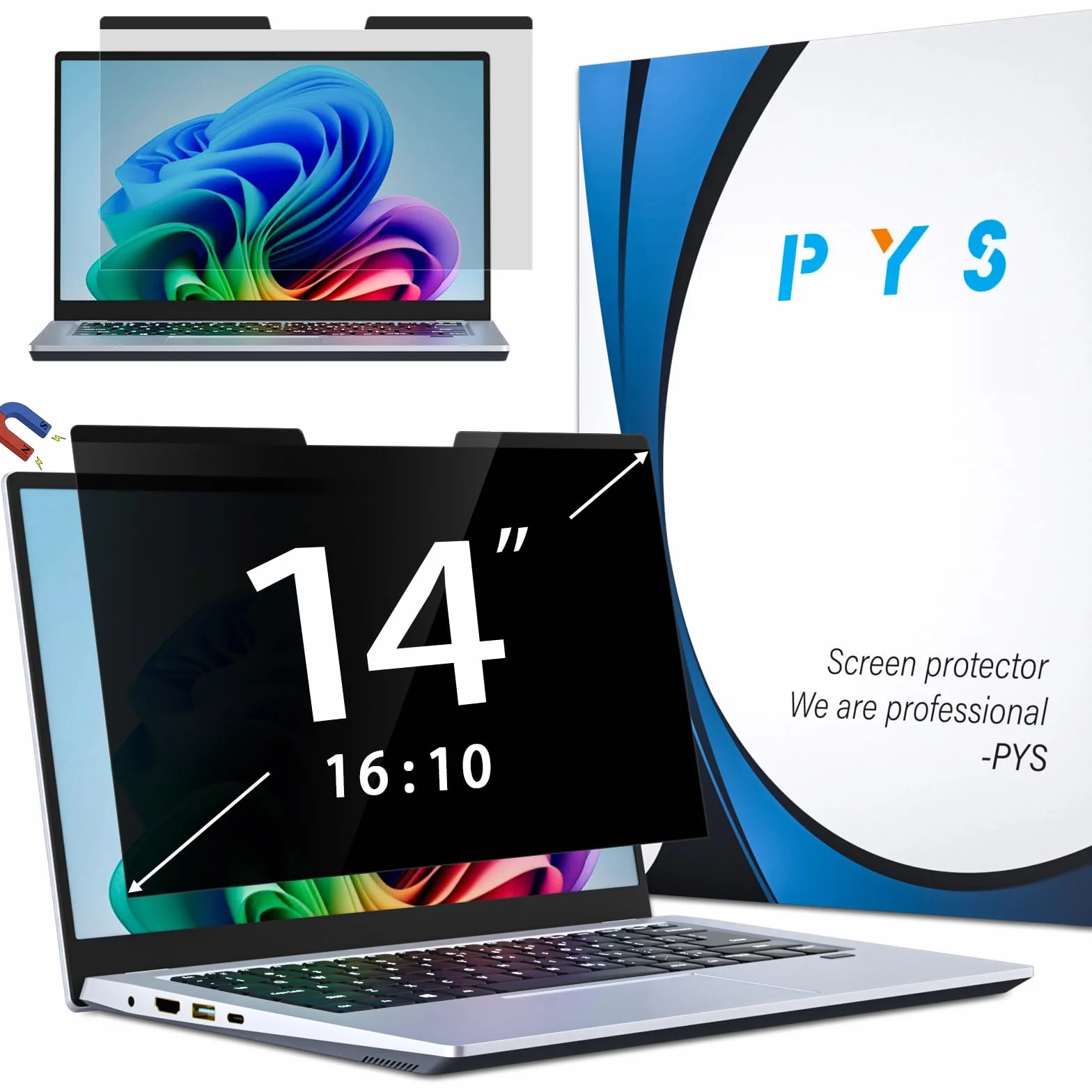 PYS 14-calowy magnetyczny ekran prywatności laptopa 16:10, antyodblaskowy filtr niebieskiego światła, zdejmowana osłona prywatności do Lenovo, HP, Dell