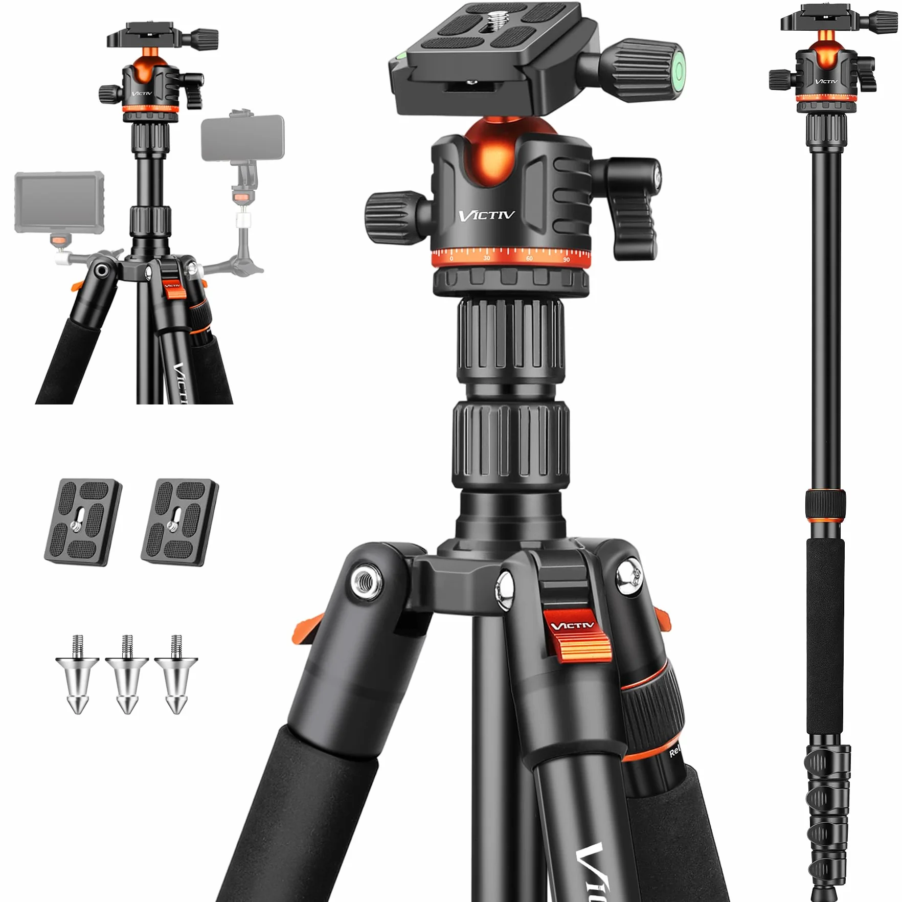 Victiv Statyw do aparatu o wysokości 200 cm do Canon Sony Nikon - aluminiowy stojak z monopodem i metalowym haczykiem - kompaktowa konstrukcja podróżna, maksymalne obciążenie 8 kg