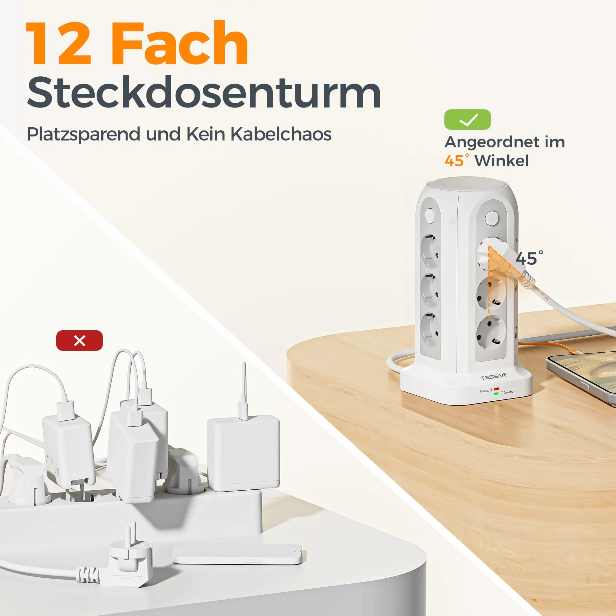 TESSAN 12 składanych gniazd, listwa zasilająca z 4 USB A i 2 USB C, przedłużacz z wieloma wtyczkami 2 m, listwa zasilająca z USB i przełącznikiem do domowego biura, szaro-biały