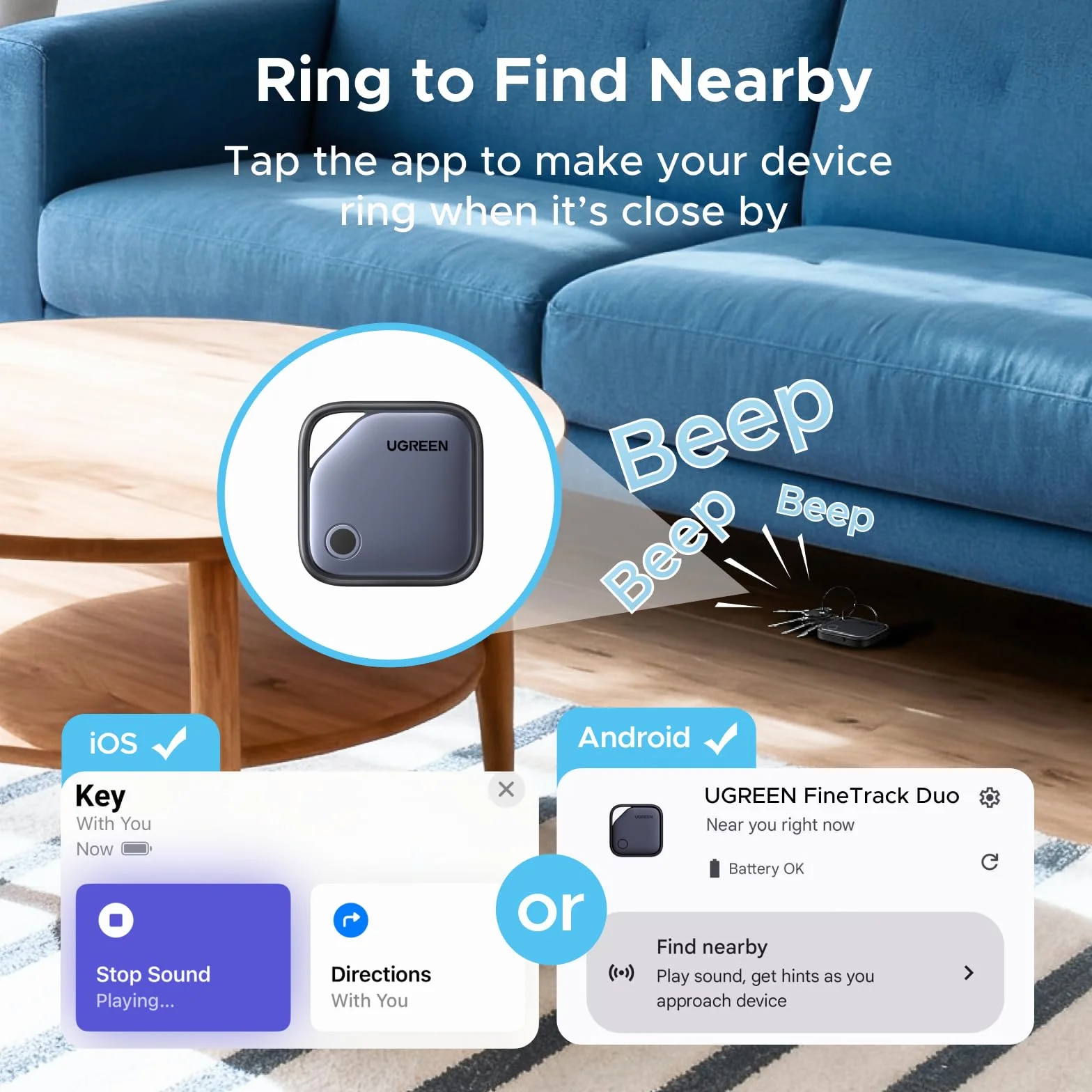 Zestaw 4 sztuk UGREEN FineTrack Duo dla systemu iOS lub Android, ładowalny tracker USB C kompatybilny z Apple Find My lub Google Find Hub, lokalizator kluczy i smarttag do plecaków, walizek itp.