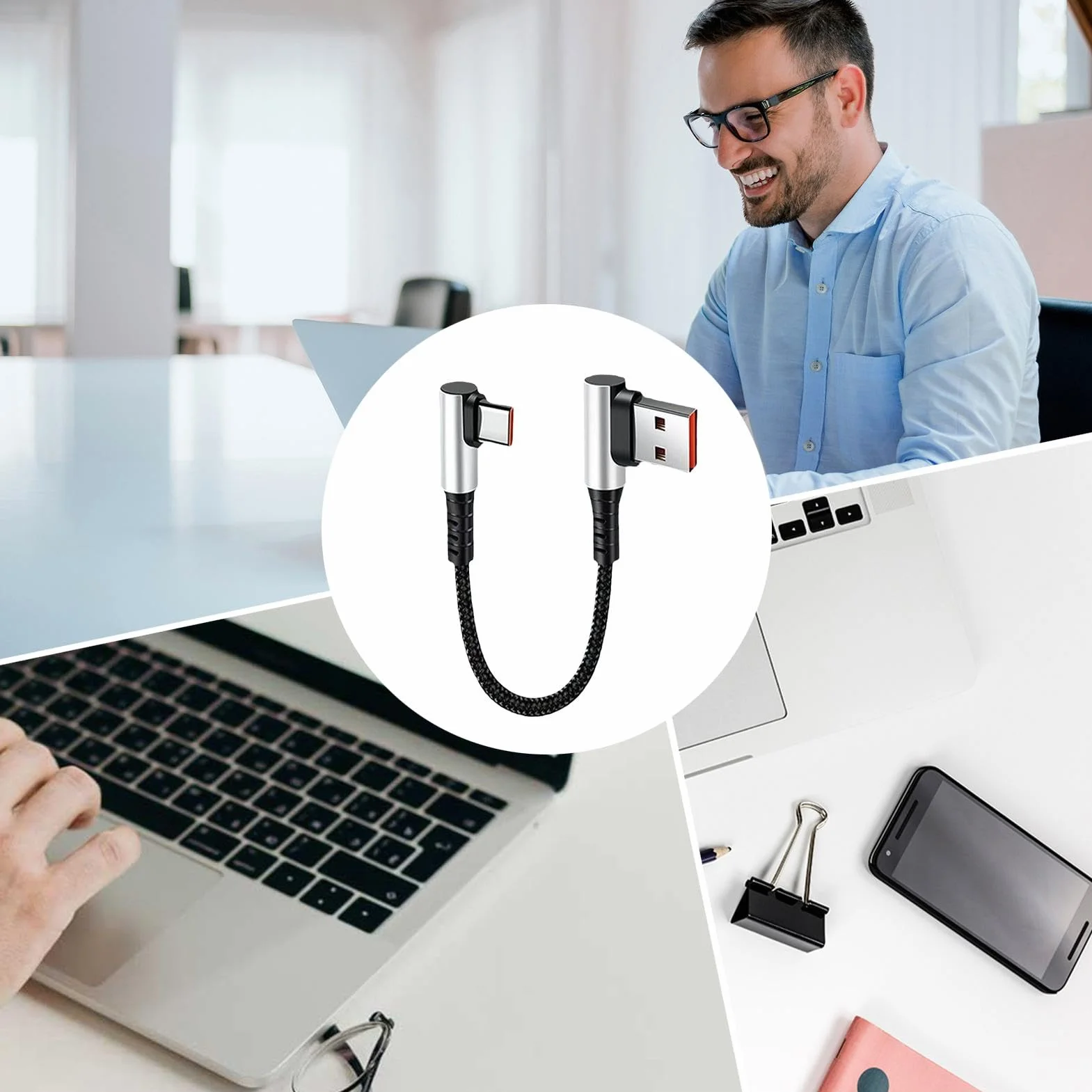Przewód USB C, kabel ?aduj?cy typu C,Krótki kabel ?aduj?cy 90 stopni typu C Przewód adapterowy - Kabel do szybkiego ?adowania danych K?towy przewód C do samochodu i telefonu