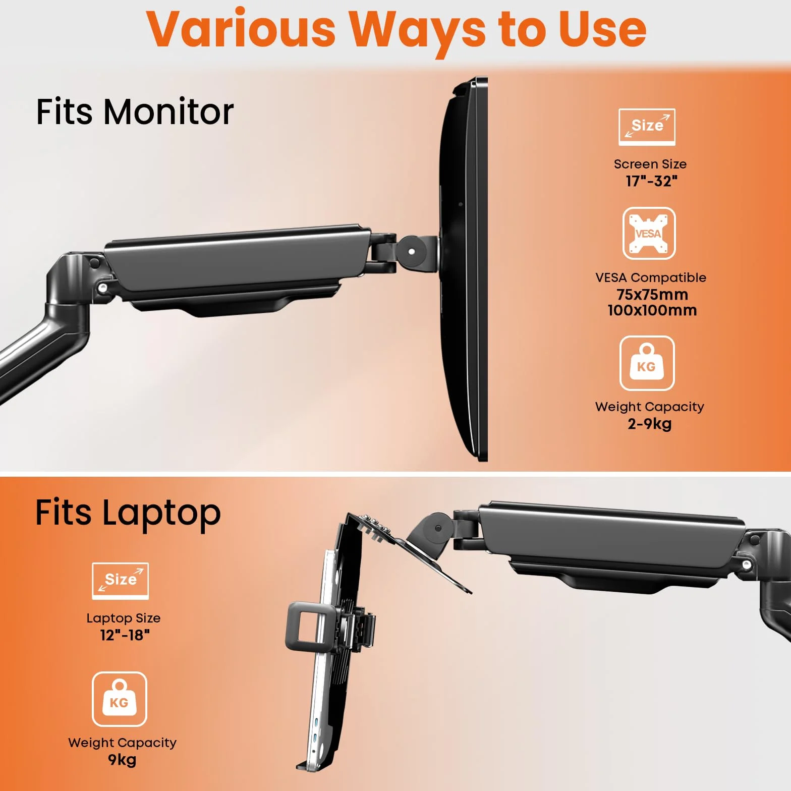 Uchwyt do monitora z ramieniem na laptopa, uchwyt ścienny wychylny do notebooka 12"-17", wentylowana platforma chłodząca, zarządzanie kablami, obciążenie 1-9 kg, VESA 75/100 mm
