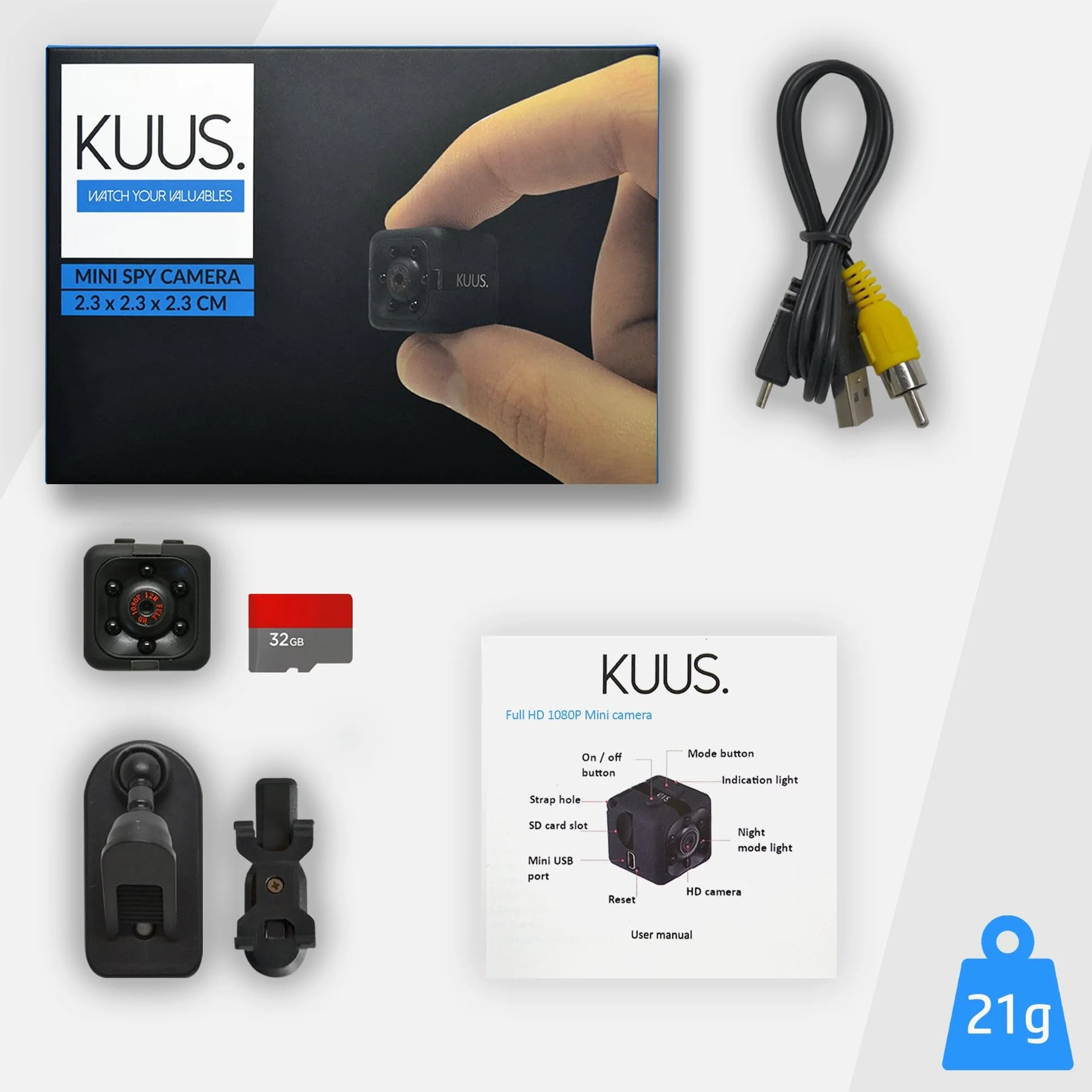 KUUS.® C1 Mini kamera szpiegowska 2,3 cm | Kamery audio i wideo | Ukryta kamera z kartą pamięci 32 GB | Mikro kamera szpiegowska bez WLAN | Tajne wnętrze | Wykrywanie ruchu | Noktowizor