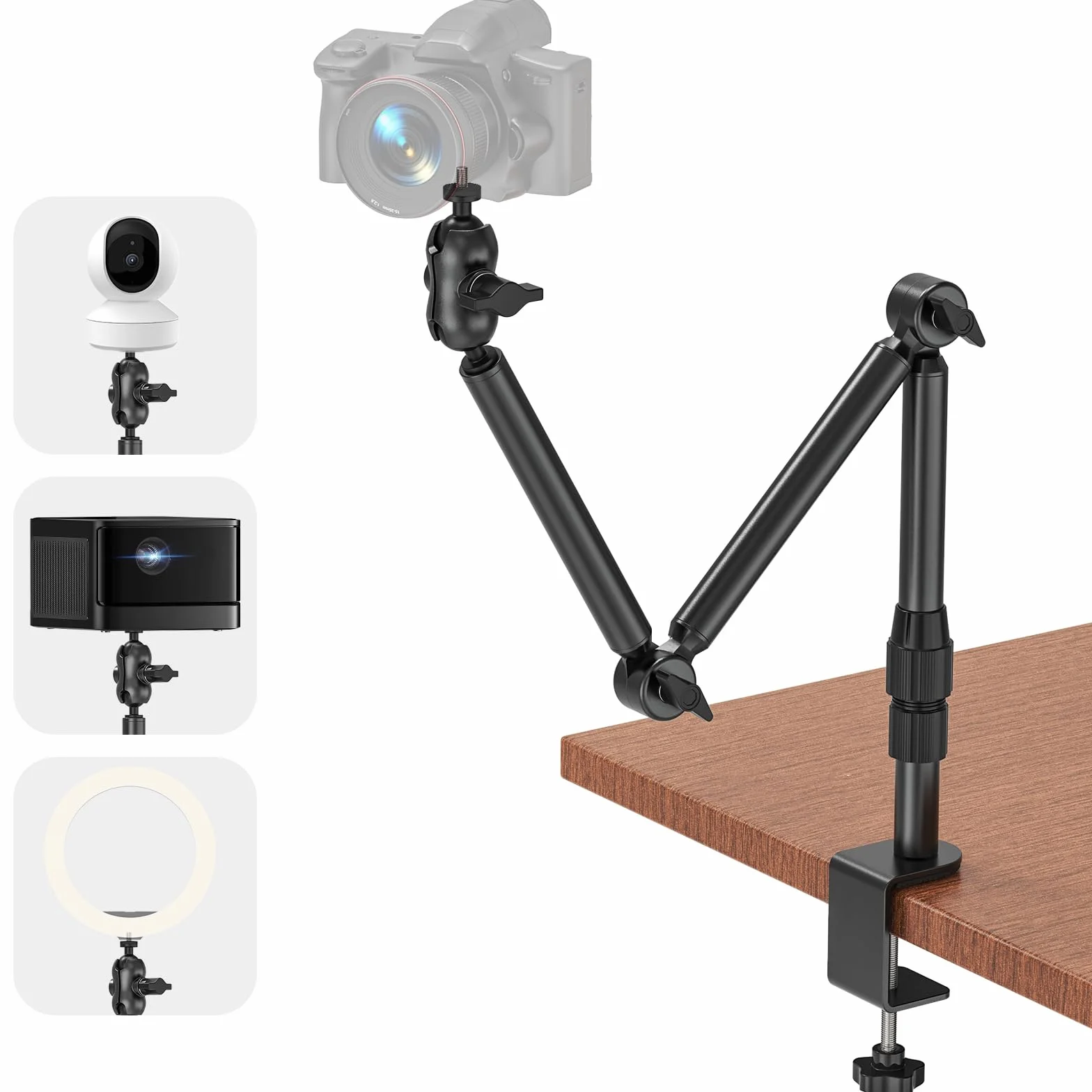 Uchwyt biurkowy do aparatu, stojak do montażu kamery internetowej ze śrubą 1/10.2 cm, regulowane ramię mikrofonowe 360° do aparatów DSLR, prawe światło, projektor, maksymalne obciążenie 3 kg