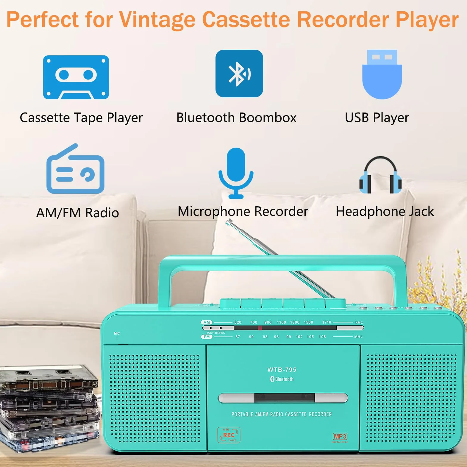 WISCENT Odtwarzacz kasetowy USB Bluetooth AM/FM Radio stereo, konwerter na MP3, głośniki 3", przenośny