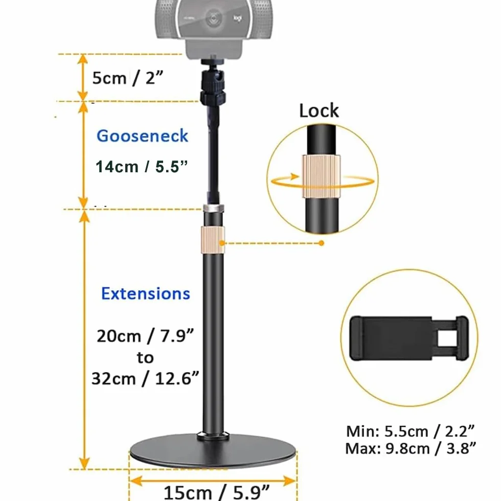 Etucro Webcam Stand Uchwyt na telefon [Typ przedłużenia] Stojak biurkowy Elastyczny stojak wideo z gęsą szyją do telefonów komórkowych, Logitech Webcam C922 C930e C920S C920 C615, itp.