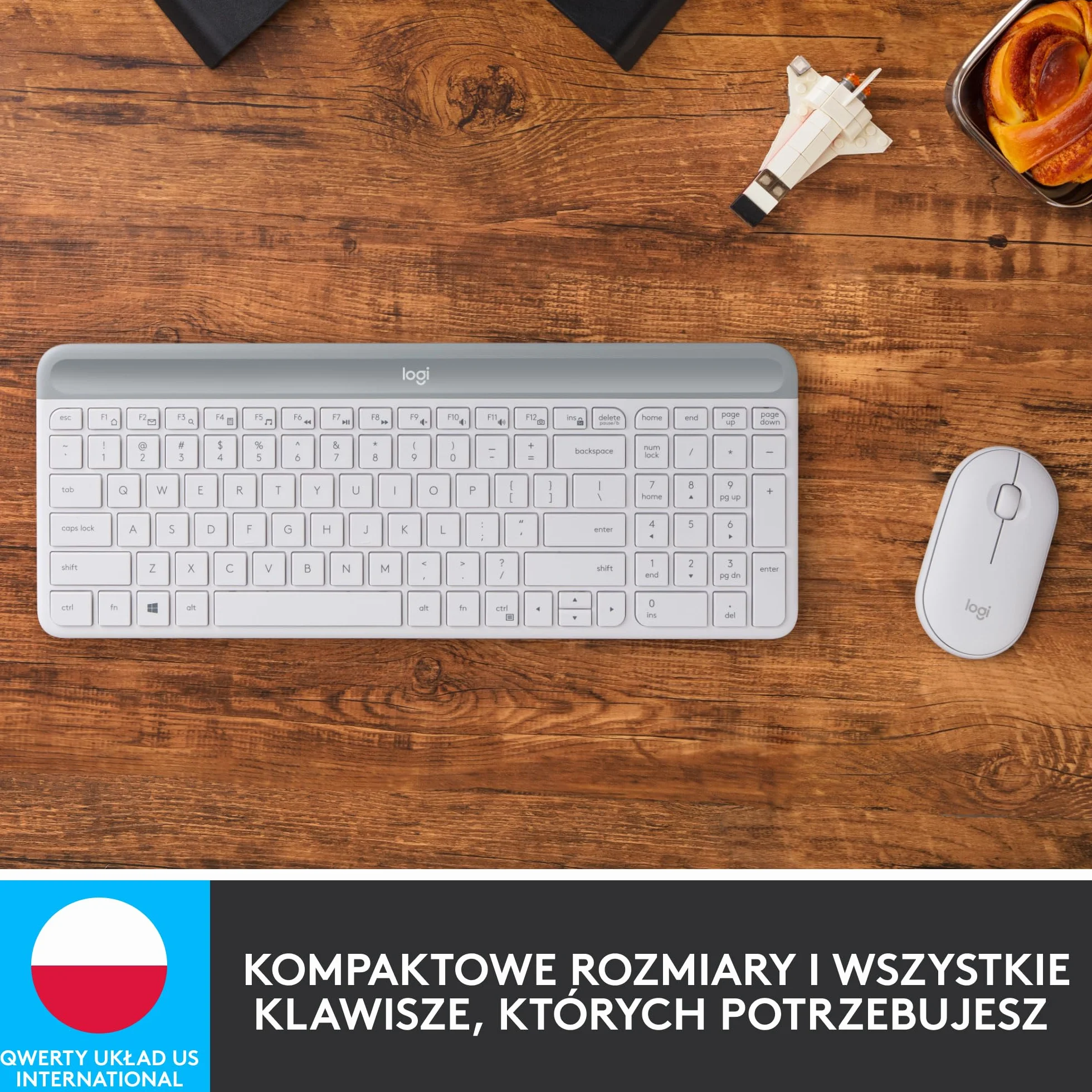 Logitech MK470 Smukła klawiatura i mysz bezprzewodowa, bardzo cicha, odbiornik USB 2,4 GHz, QWERTY US Intl - Biały