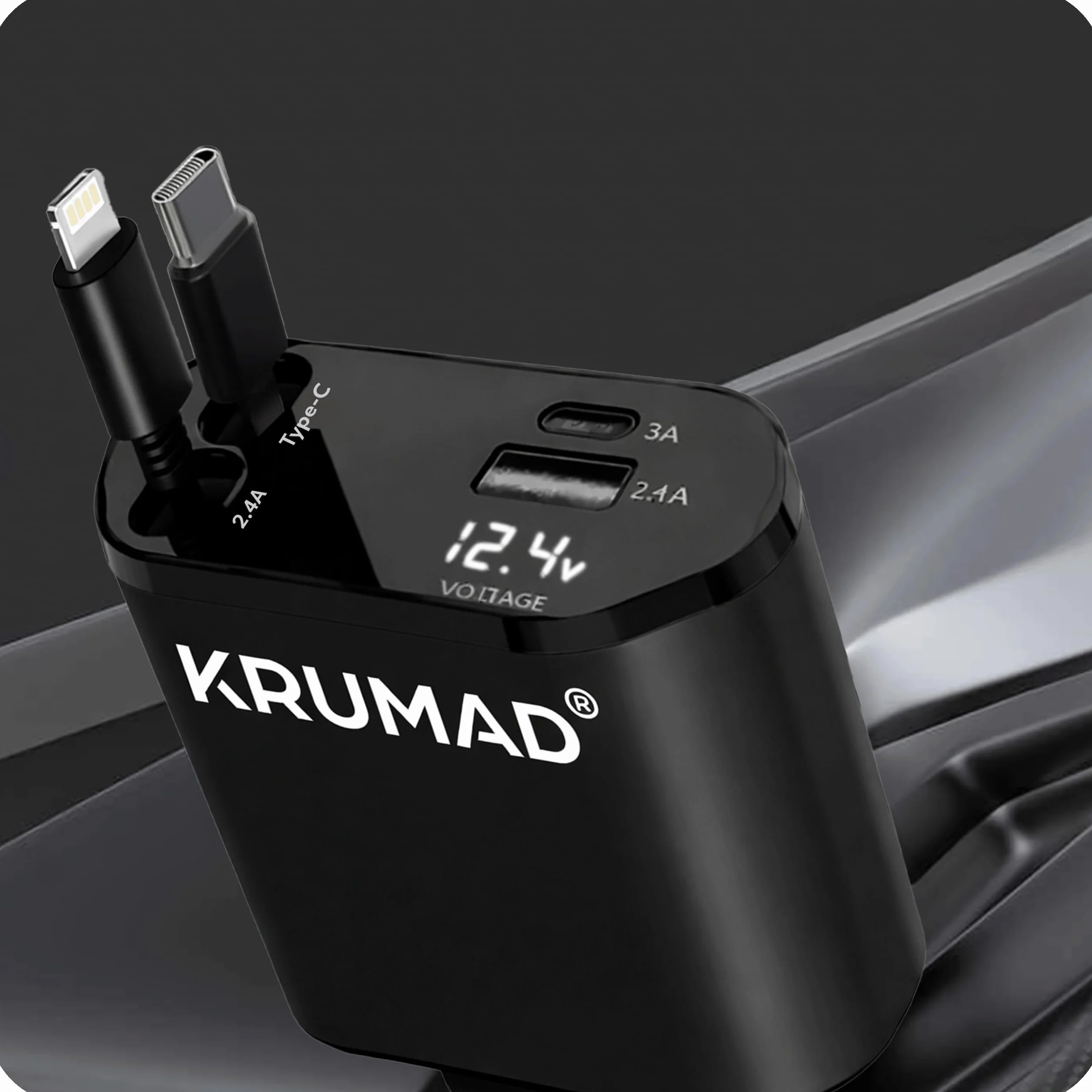 KRUMAD Ładowarka samochodowa 120W, Szybka ładowarka do auta 2x USB-C + 1x USB + 1x Lightning, adapter do gniazda zapalniczki z wyświetlaczem LED, kompatybilna z większością smartfonów