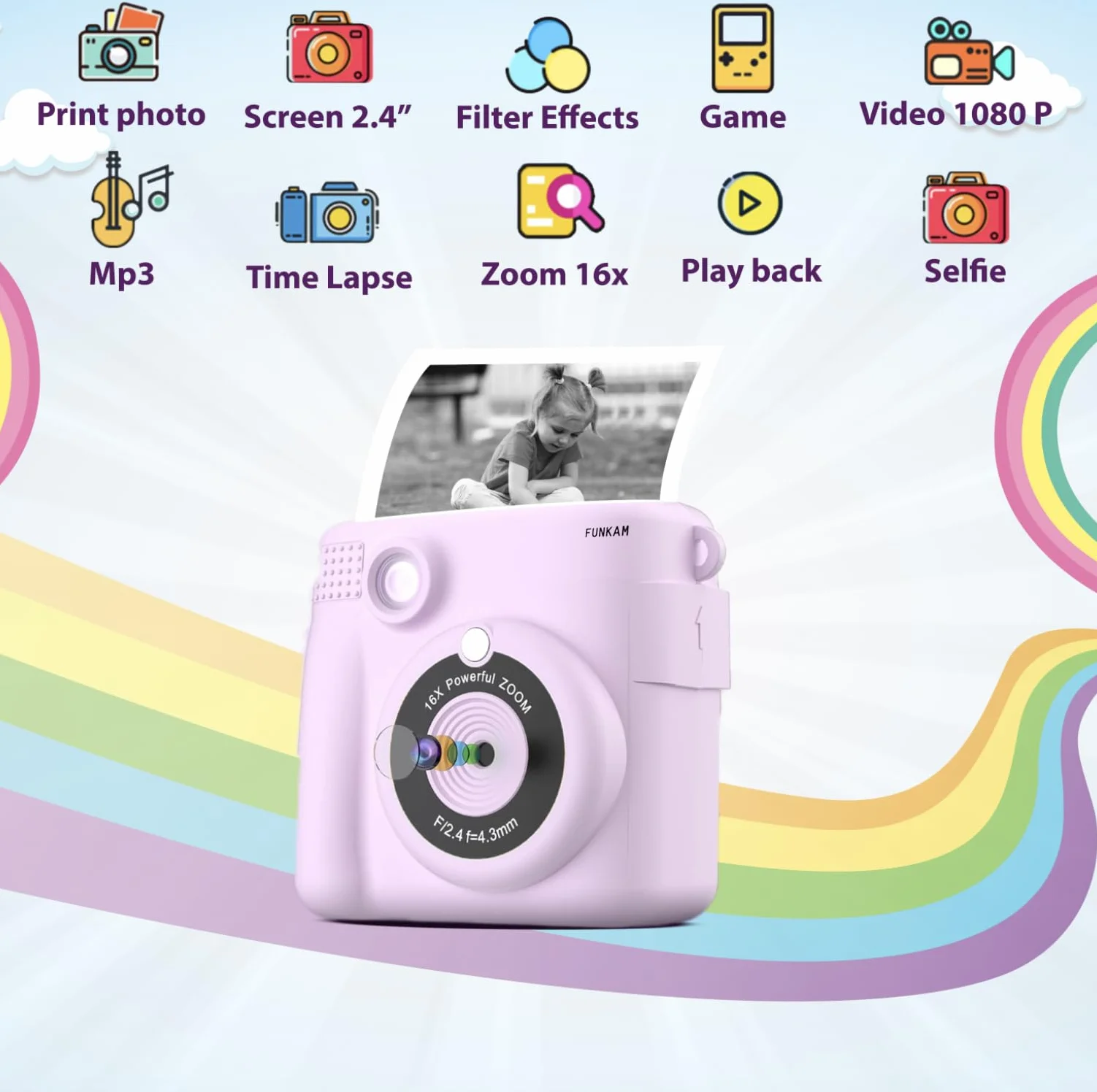 Aparat fotograficzny dla dzieci Natychmiastowe drukowanie,- 2,4" HD 1080P- z kartą SD 32GB, 5 markerów, naklejki, 5 rolek papieru, wisiorek. Aparat dla dzieci i dziewcząt. (Fioletowy)
