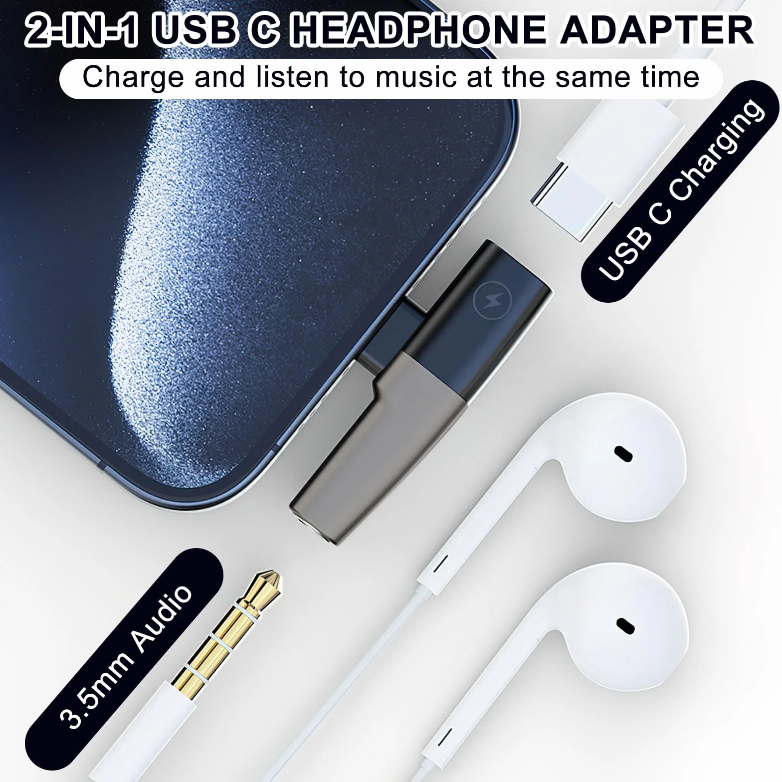 HENGBIRD Adapter USB C na słuchawki i ładowanie 2 w 1 Adapter słuchawkowy USB C na 3,5 mm słuchawki Typ C Aux Adapter Kompatybilny z iPhone 15 Pro Max iPad Pro/Mini 6 Galaxy S24 Ultra S23 Huawei