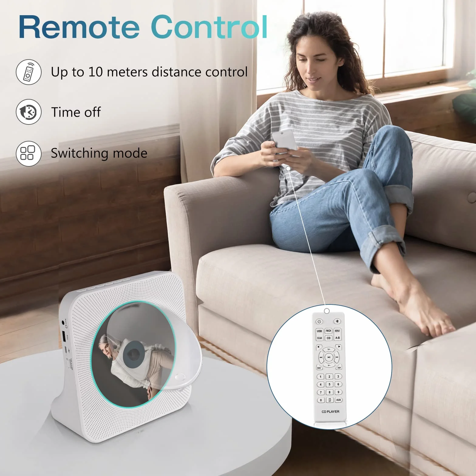 Przenośny odtwarzacz CD, Bluetooth, odtwarzacz CD z podwójnym głośnikiem, obsługuje ustawienia timera/radio USB/AUX/FM, połączenie ze słuchawkami Bluetooth lub głośnikami, pilot zdalnego sterowania