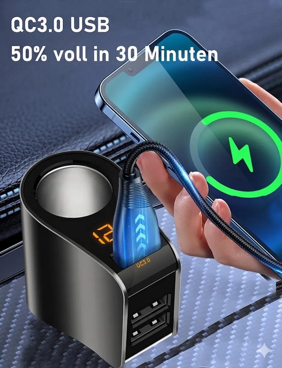 Rozdzielacz zapalniczki samochodowej 4 w 1, 80 W, ładowarka samochodowa z QC3.0 + 2 USB (3,1 A) i 12 V, woltomierz LED, zabezpieczenie przed przeciążeniem 12 V/24 V - do samochodów osobowych