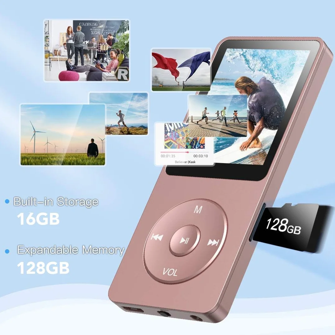 AGPTEK Klasyczny Mp3 8GB odtwarzacz MP3 1,8 cala 70 godzin baterii różowy