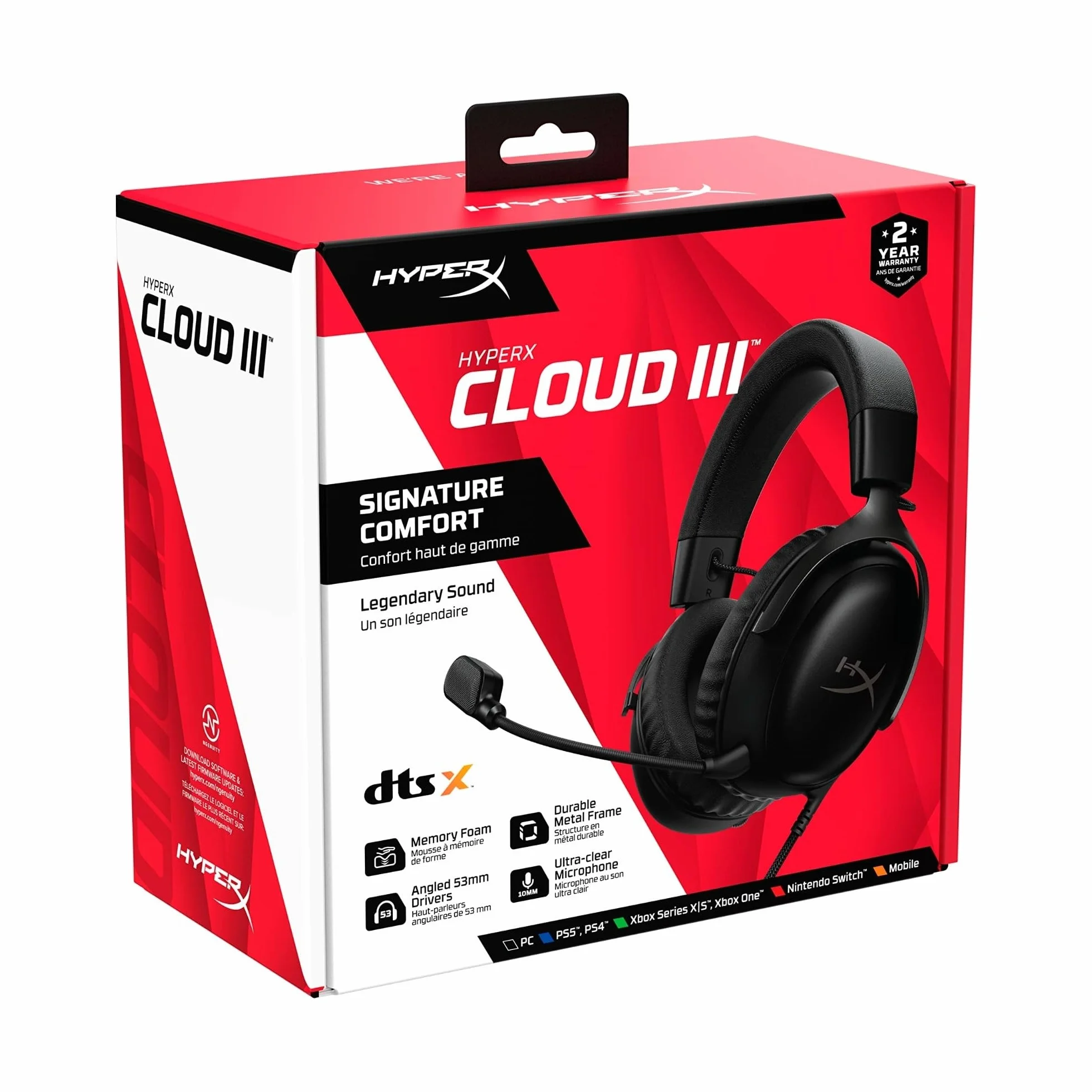 HyperX Cloud III – przewodowy zestaw słuchawkowy do gier, PC, PS5, Xbox Series X|S, kątowy sterownik 53 mm, DTS, pianka memory, stabilna rama, ultra przezroczysty mikrofon 10 mm, USB-C, USB-A, 3,5 mm,