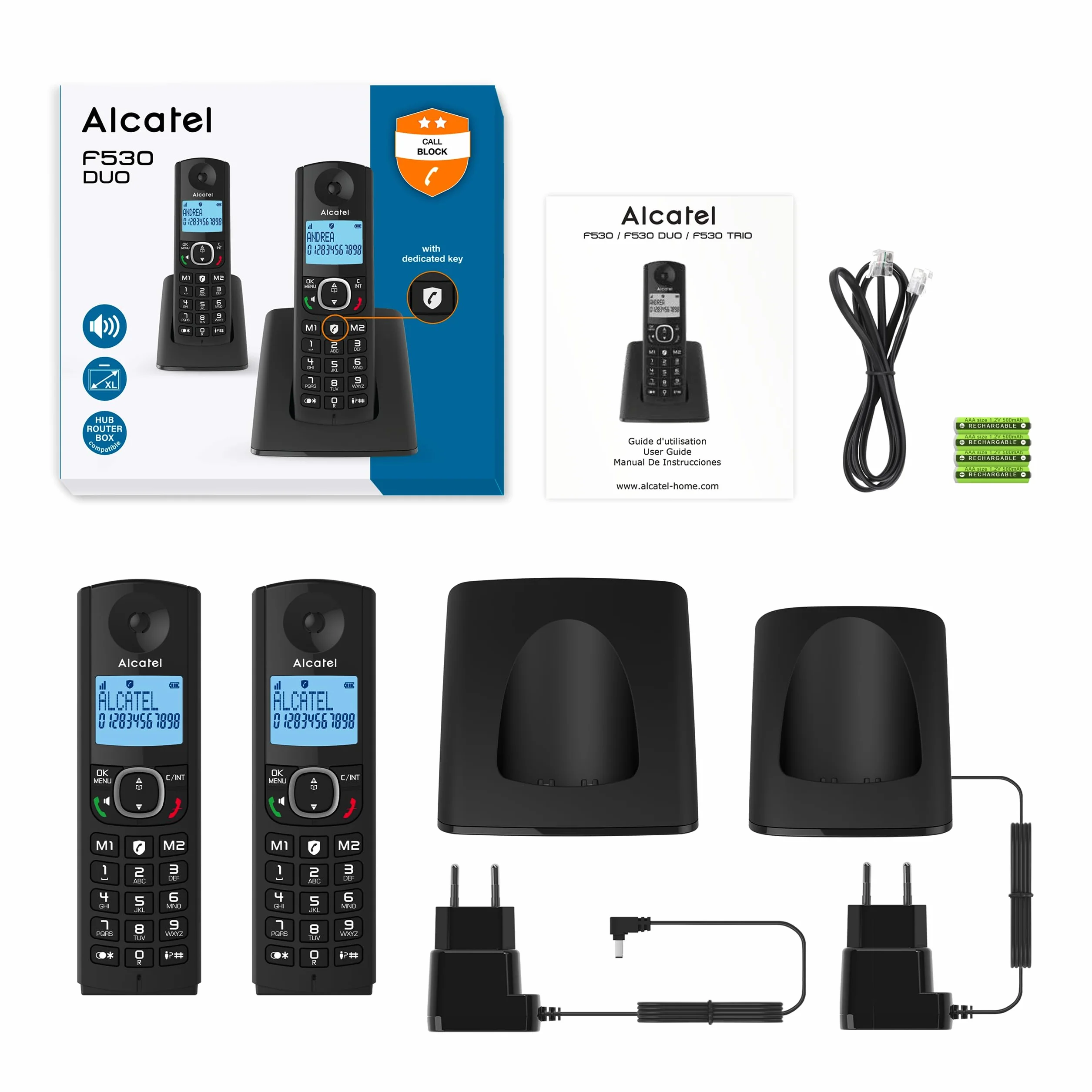 Alcatel F530 Duo, telefon bezprzewodowy z 2 słuchawkami, blokada połączeń, zestaw głośnomówiący i dwie pamięci bezpośrednie, czarny