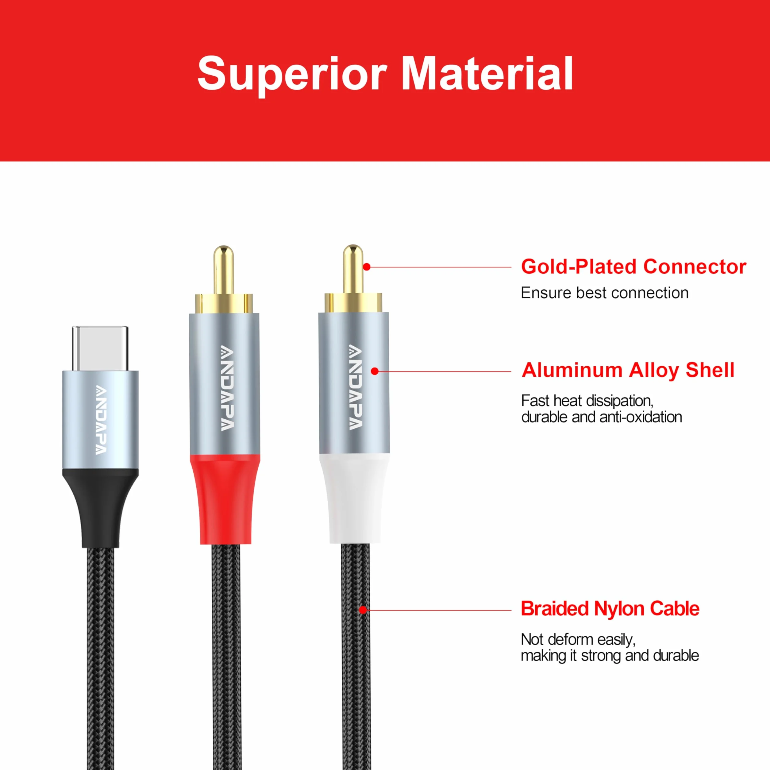 ANDAPA 1.5M Przewód Audio USB-C na RCA, kompatybilny z iPhone 15/16/17, Tabletami, Kinem Domowym, DVD, Wzmacniaczem, Głośnikami, Radiem Samochodowym, Samsung Galaxy S23