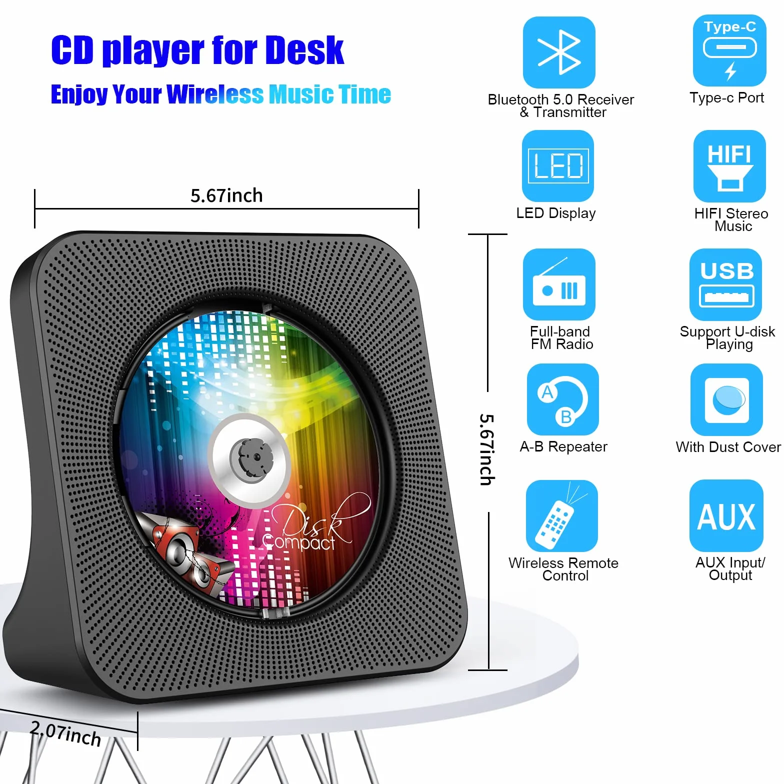 Gueray Desktopowy odtwarzacz CD z Bluetooth, Radio FM, USB-C, wbudowane głośniki HiFi, LED, czarny