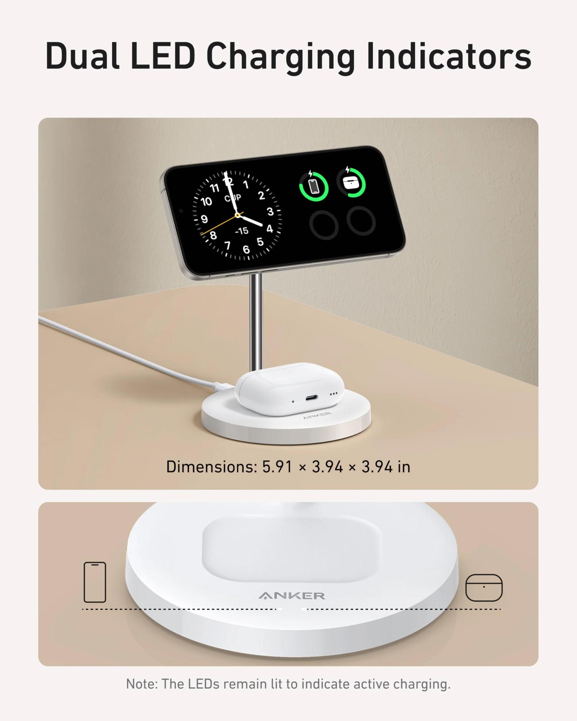 Anker MagGo indukcyjna stacja ładująca 2 w 1, 15W, kompatybilna z MagSafe, bezprzewodowa ładowarka Qi2 do iPhone 15/14/13/12, AirPods Pro, z kablem USB C 1,5 m (Biały)