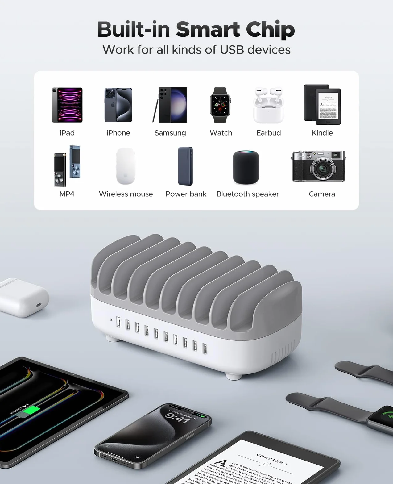 ORICO 120W Charging Station for Multiple Devices, New Upgrade 10 Ports Smart USB Charging Station, Compatible with iPhone 15/14/13/12，iPads, Android Phone and Tablets (With 10 Charging Cables White)
