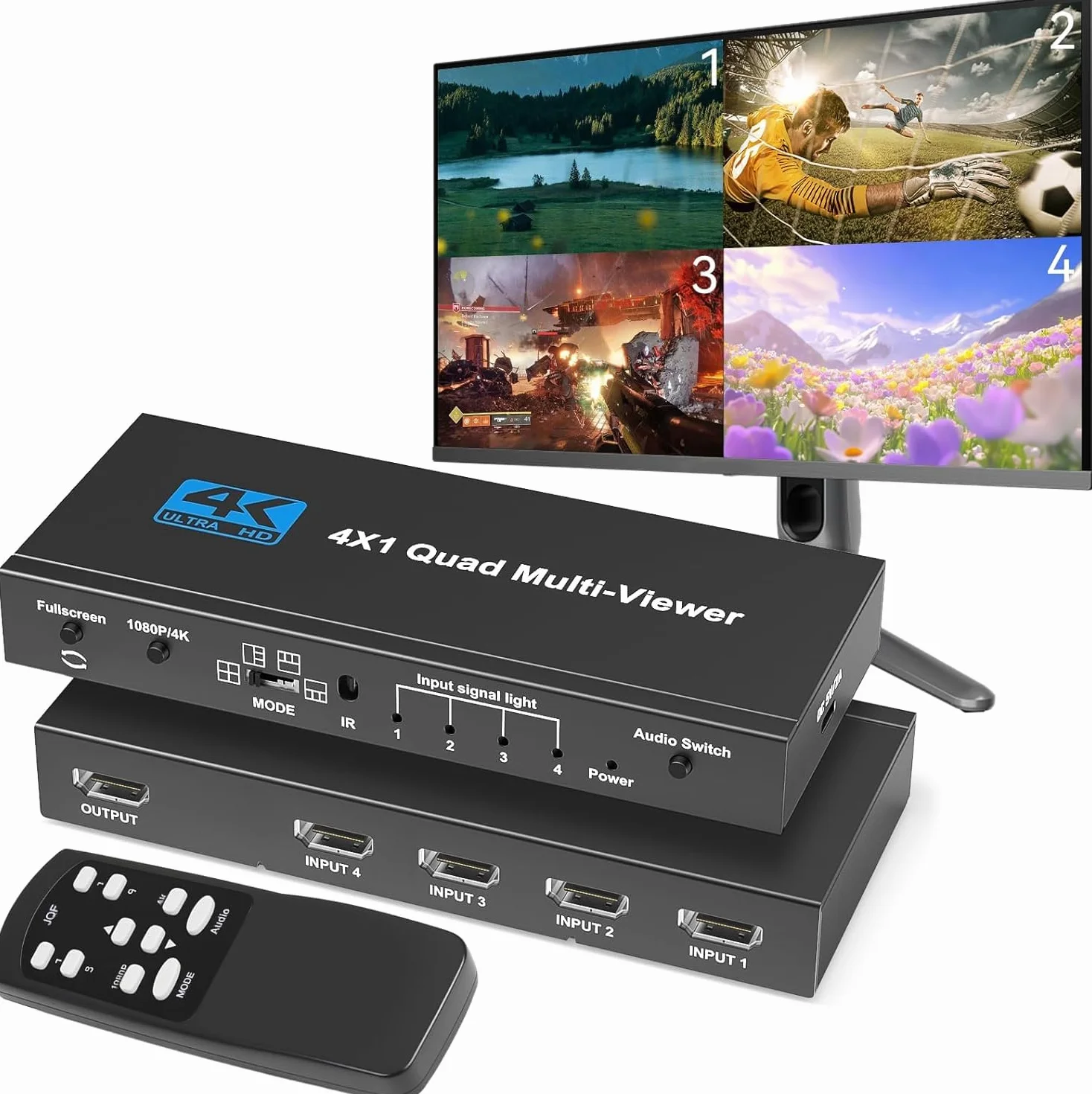 Przełącznik multiiewer HDMI 4x1 4K Bezszwowy przełącznik 4 w 1 Out z pilotem na podczerwień, obsługa 4K Full HD i 5 trybów wyświetlania do konsoli do gier Kamera