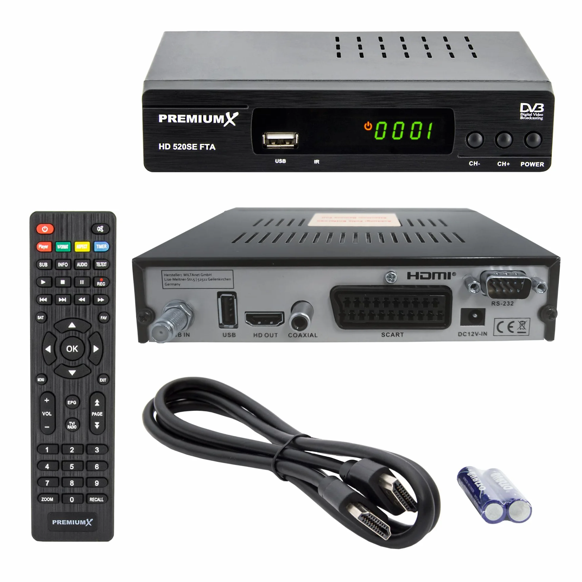 PremiumX odbiornik satelitarny HD 520SE FTA Digital SAT, DVB-S2 FullHD HDMI SCART 2 X USB odtwarzacz multimedialny, Astra Hotbird wstępnie zaprogramowany