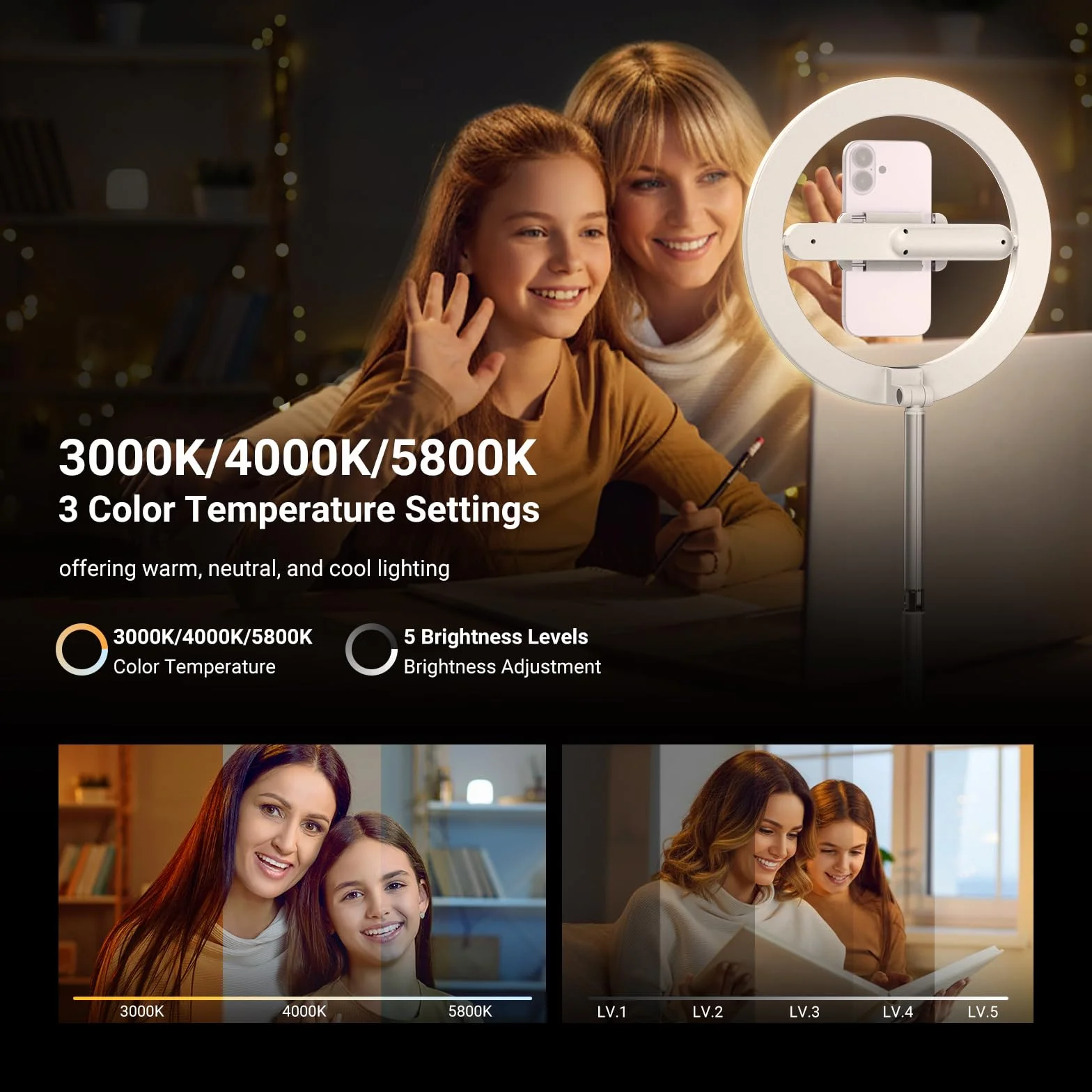 NEEWER Wersja wejściowa 25.4 cm 7W LED Ring Light ze stojakiem/uchwytem na telefon / 3 tryby kolorów, 175.3 cm teleskopowy pierścień do selfie, oświetlenie do iPhone Streaming Makeup Lash Studio