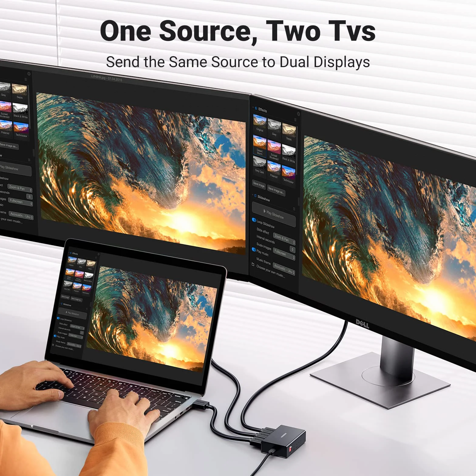 UGREEN Rozdzielacz HDMI 1 w 2 wyjścia [wyświetlacz lustrzany], 4K przy 60Hz, HDCP 2.2/1.4, HDR, podwójny monitor kompatybilny z TV Box, TV Stick, konsolą do gier, kartą przechwytującą, PC