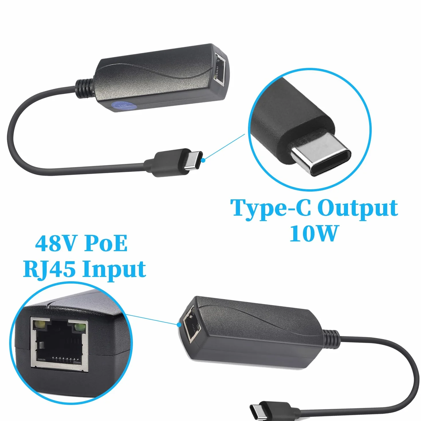 REVOTECH Konwerter adaptera PoE na Type-C, konwertuj POE na wyjście 5V/2A USB C z Ethernetem, IEEE802.3af z 10/100Mbps, przewodowe szerokopasmowe i ładowanie PD do smartfona/tabletu, Plug and Play