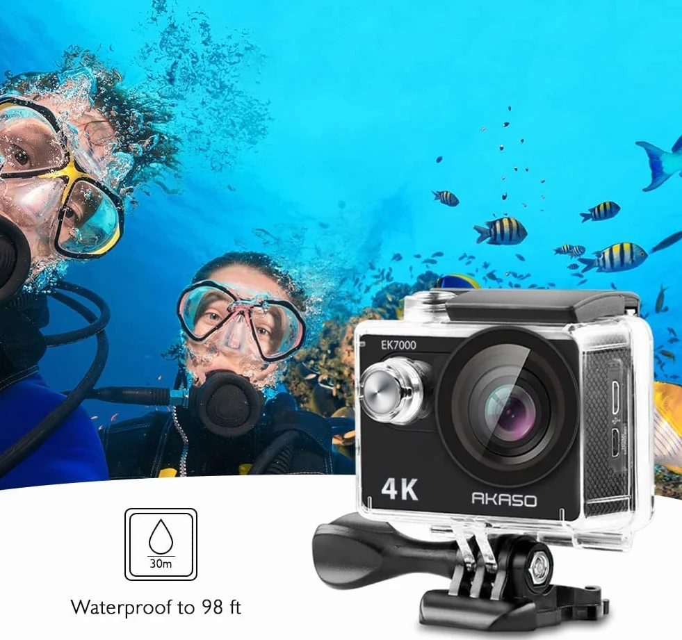 AKASO EK7000 Kamera sportowa 4K30FPS - 20MP Ultra HD kamera podwodna 170 stopni, szeroki kąt, wodoodporna kamera z zestawem akcesoriów - czarna