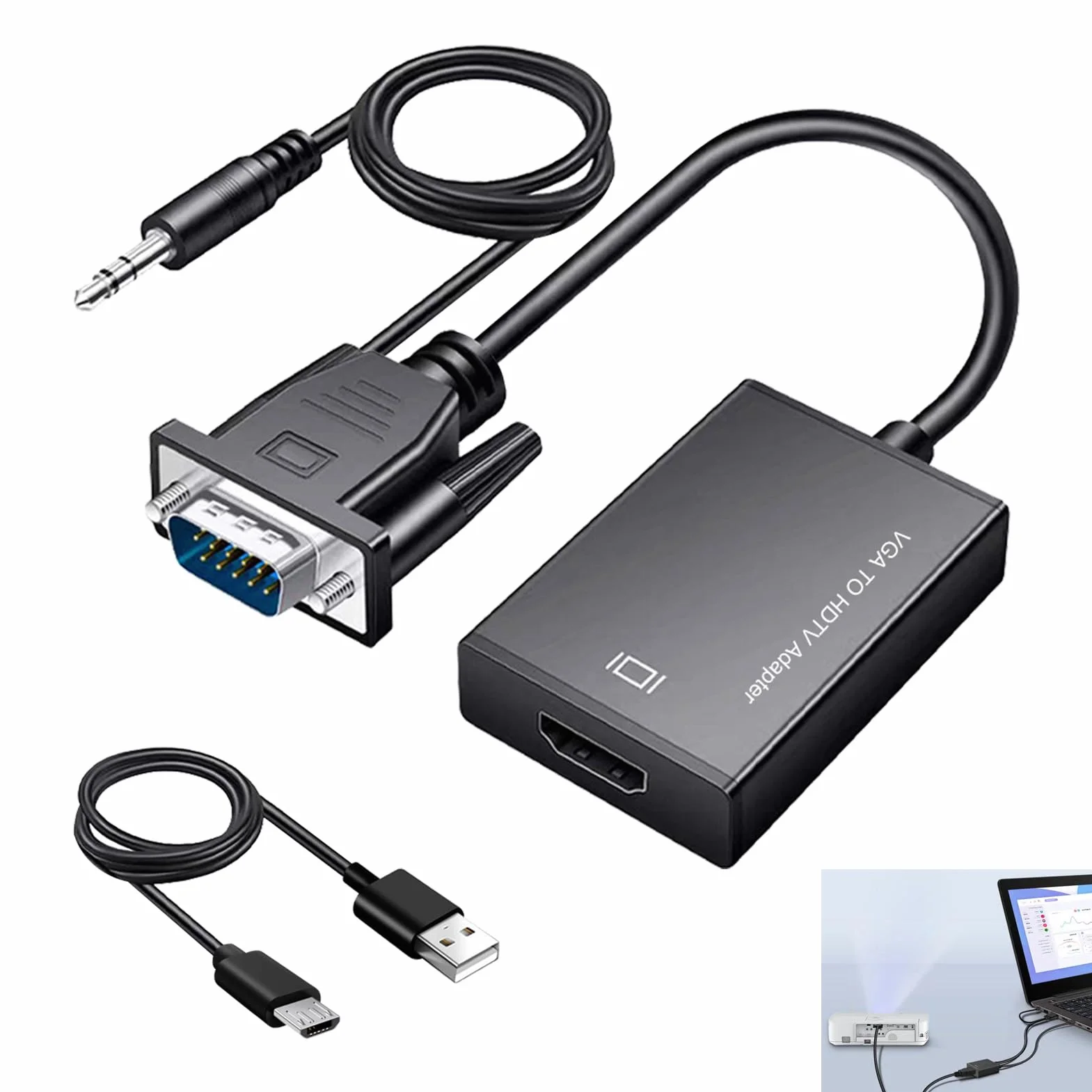 Adapter VGA na HDMI, 1080p, konwerter VGA męski na HDMI żeński z dźwiękiem, jednokierunkowy kabel do laptopa, monitora, projektora, PC na telewizor HD, kompatybilny z audio 3,5 mm + USB