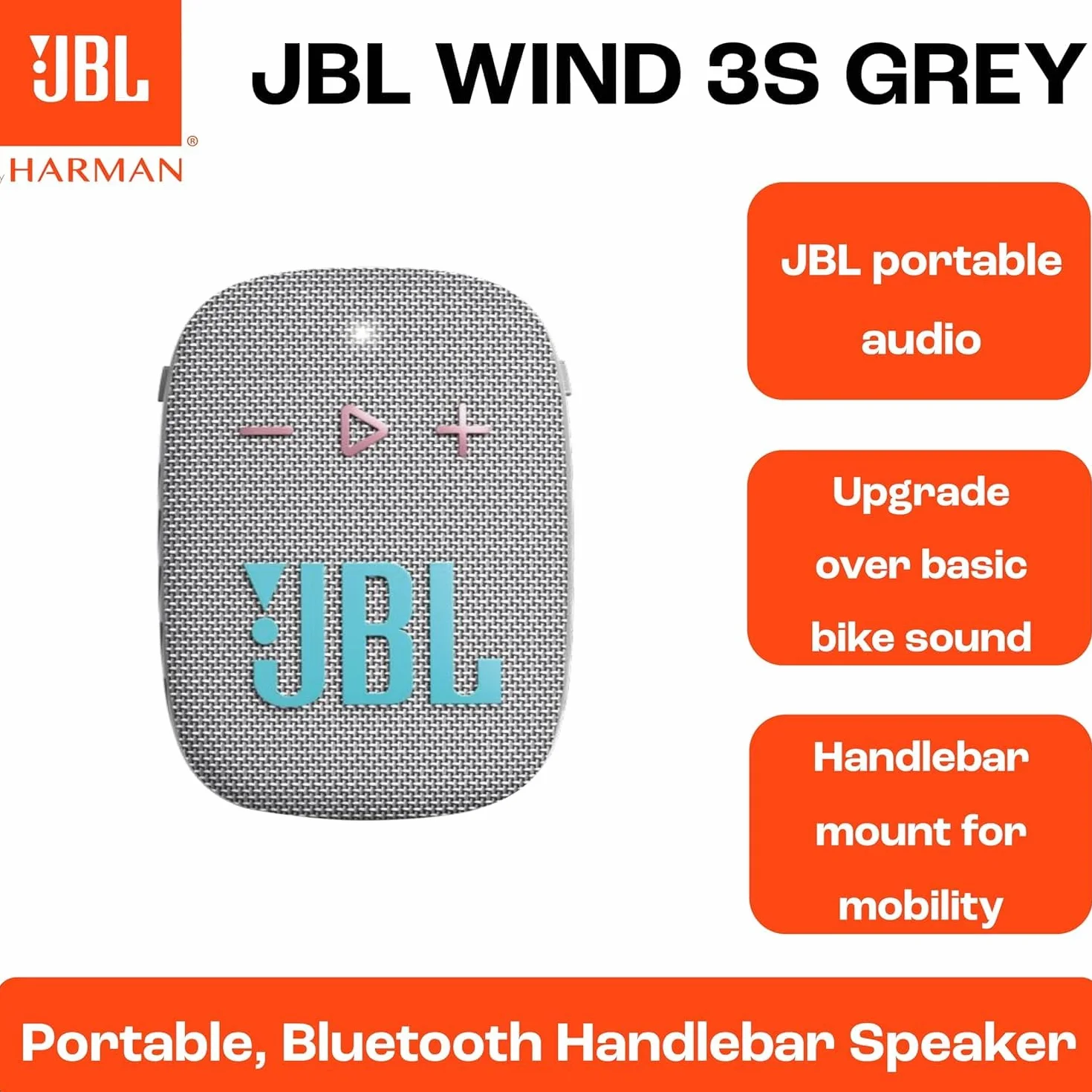 JBL Box Wind 3S przenośny mini głośnik Bluetooth, wodoszczelny, z klipsem, do uprawiania sportu, roweru i skutera, Bass Boost - biały, jasnoszary