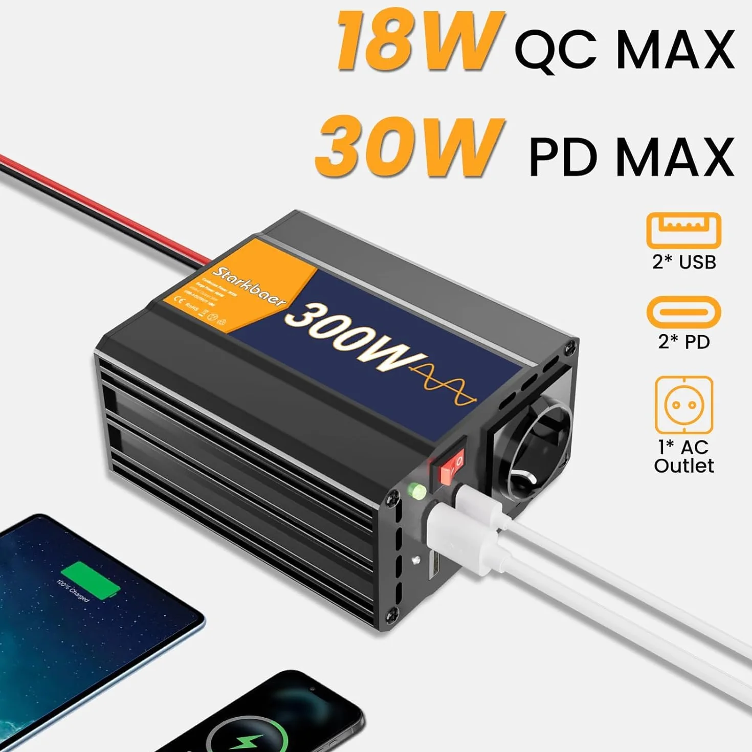 Przetwornica napięcia 300 W/600 W, czysta sinusoidalna 12 V na 230 V, falownik samochodowy Pure sine, 4 x USB i 1 x AC gniazdo wtykowe przetwornik prądu. Wtyczka do zapalniczki samochodowej