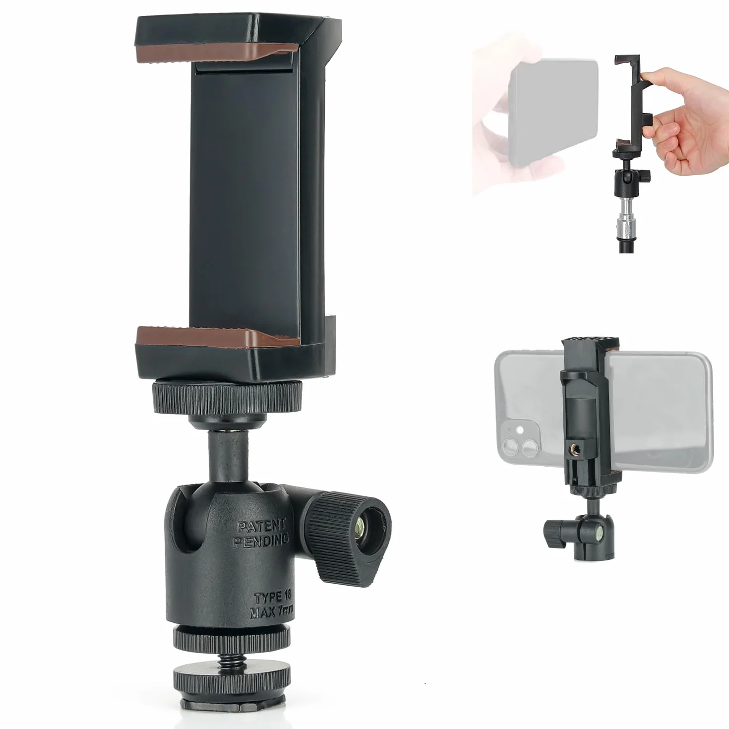 Koolehaoda Adapter do statywu do telefonu komórkowego z uniwersalną obrotową mini głowicą kulową 1/4", obrotowy o 360°, regulowany uchwyt zaciskowy do telefonu komórkowego i smartfona