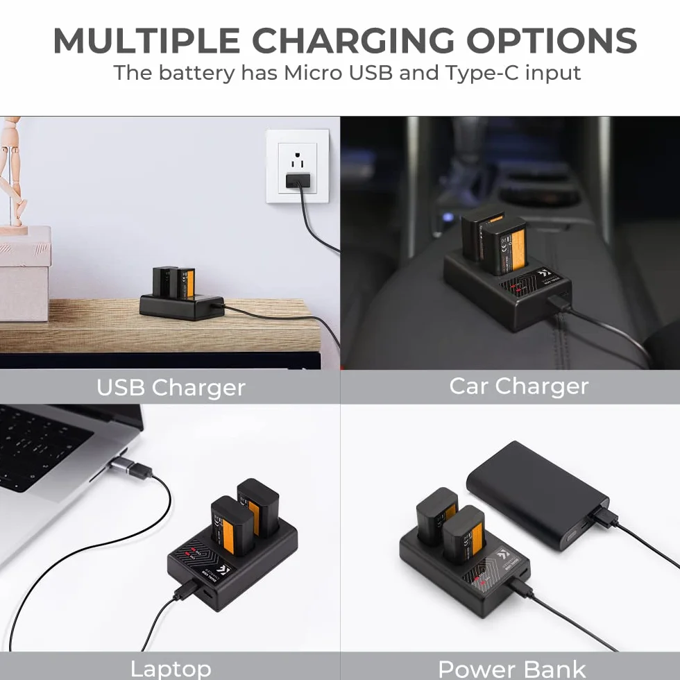 K&F CONCEPT NP-FW50 ładowarka do aparatu, bateria 1100 mAh, 2 sztuki zestaw do ładowania do Sony ZV-E10 A6000, A6500, A6300, A6400, A7, A7II, A7RII, A7SII, A7S, A7S2, A7R, A7R2, A55, A5100