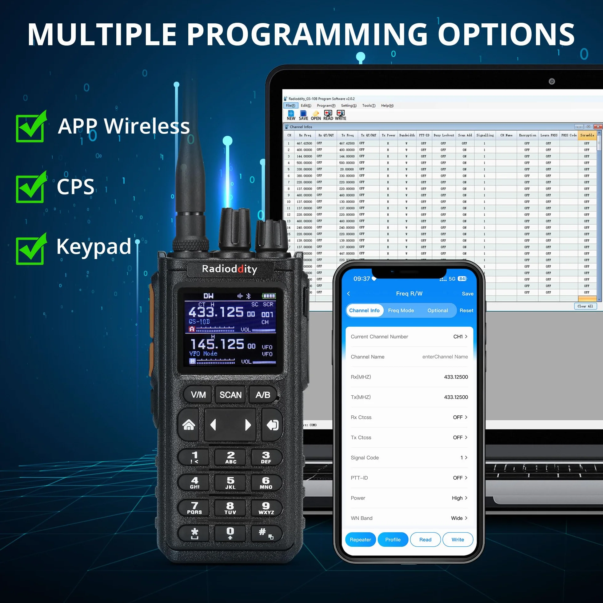 Radioddity GS-10B 10W Radio Ham, Dwukierunkowe na Duży Zasięg z APP Programowalne, UHF/VHF/FM Lotniczy, Dual PTT, Bateria 2500mAh & USB-C, Redukcja Szumów & Synchroniz. Kanałów