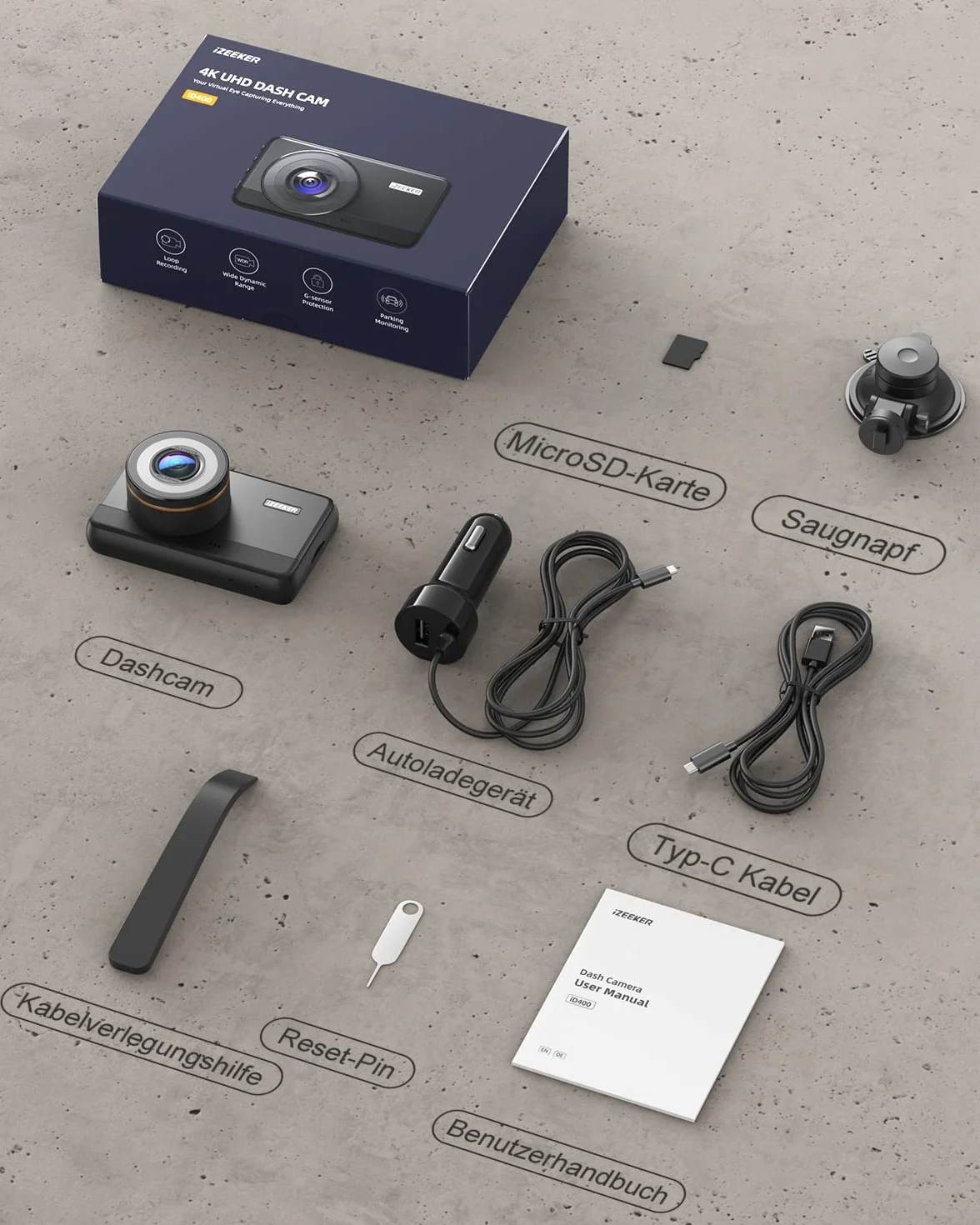 iZEEKER 4K Kamera samochodowa z przodu, 2160P Kamera samochodowa z darmową kartą 32GB, Kamera samochodowa z trybem nocnym, Nagrywanie w pętli, Czujnik G-Sensor, Automatyczne blokowanie, Tryb parkingow